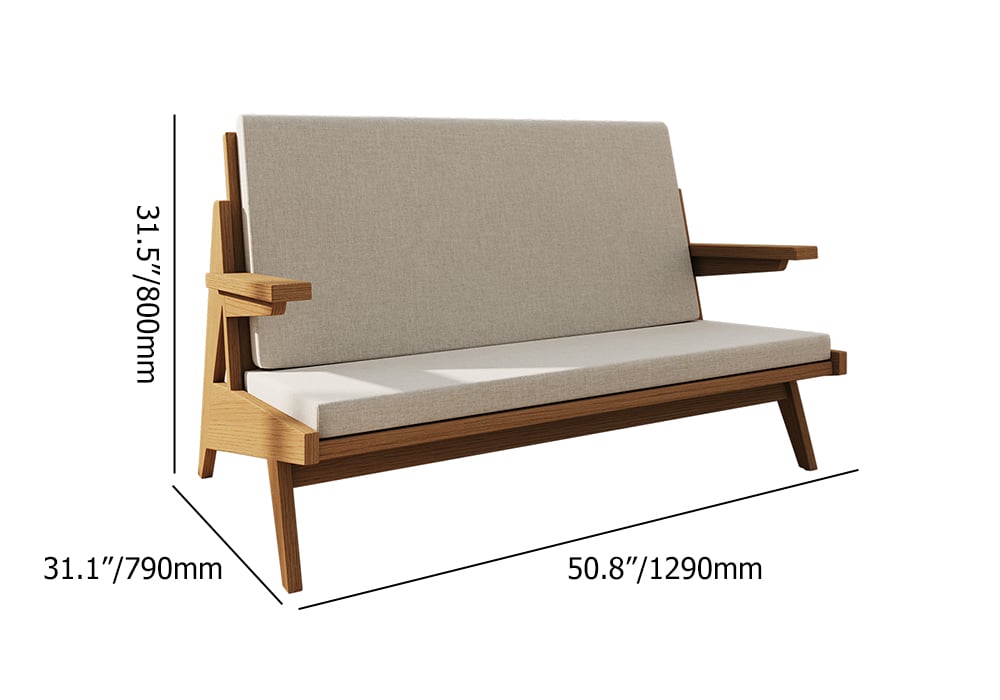 HMR - 51" Rattan 2-Seater Sofa Japandi Ash Wood Loveseat with White Cushion in Walnut