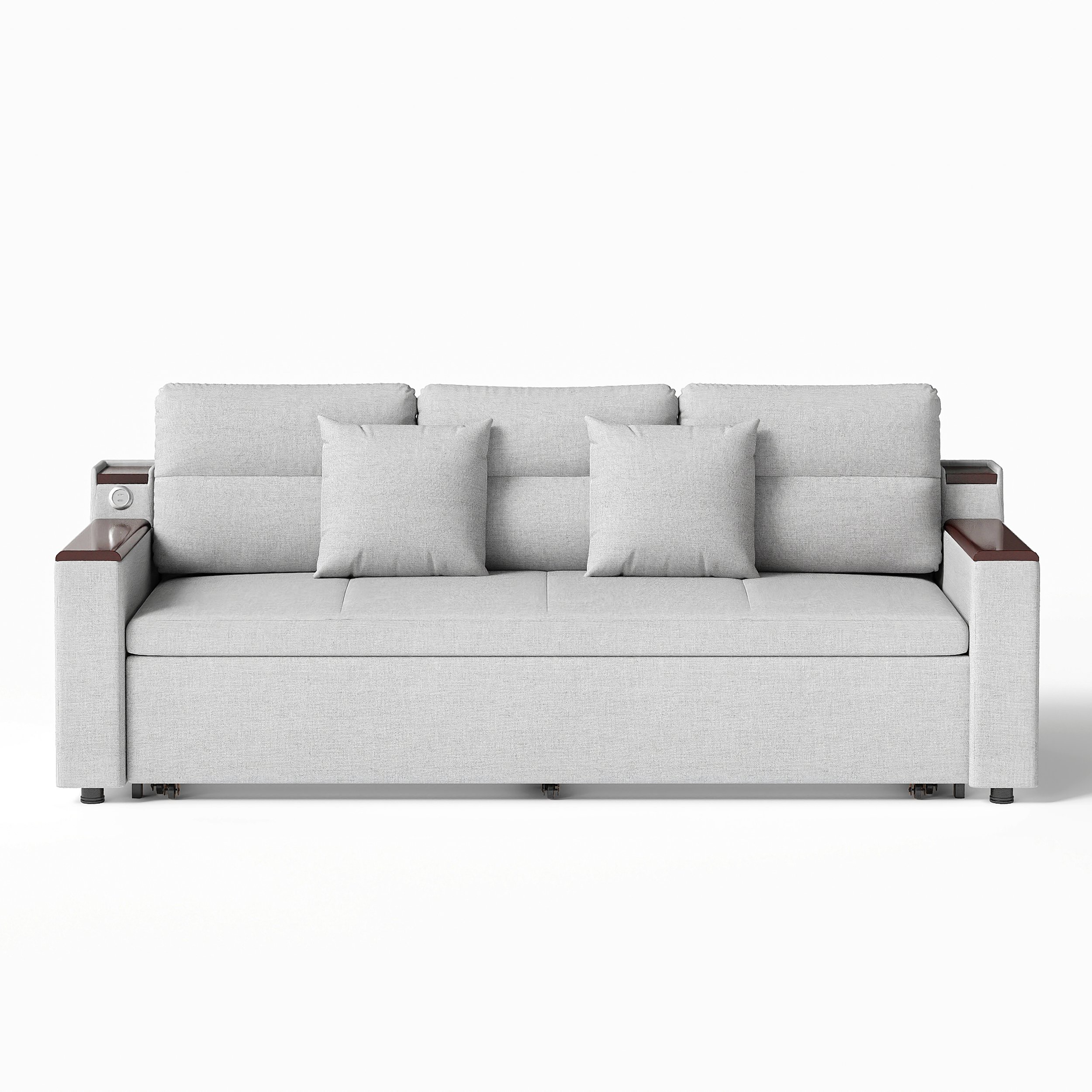 HMR 83" King 3-Seater Sleeper Sofa with Trundle & USB Port - Light Gray, Linen