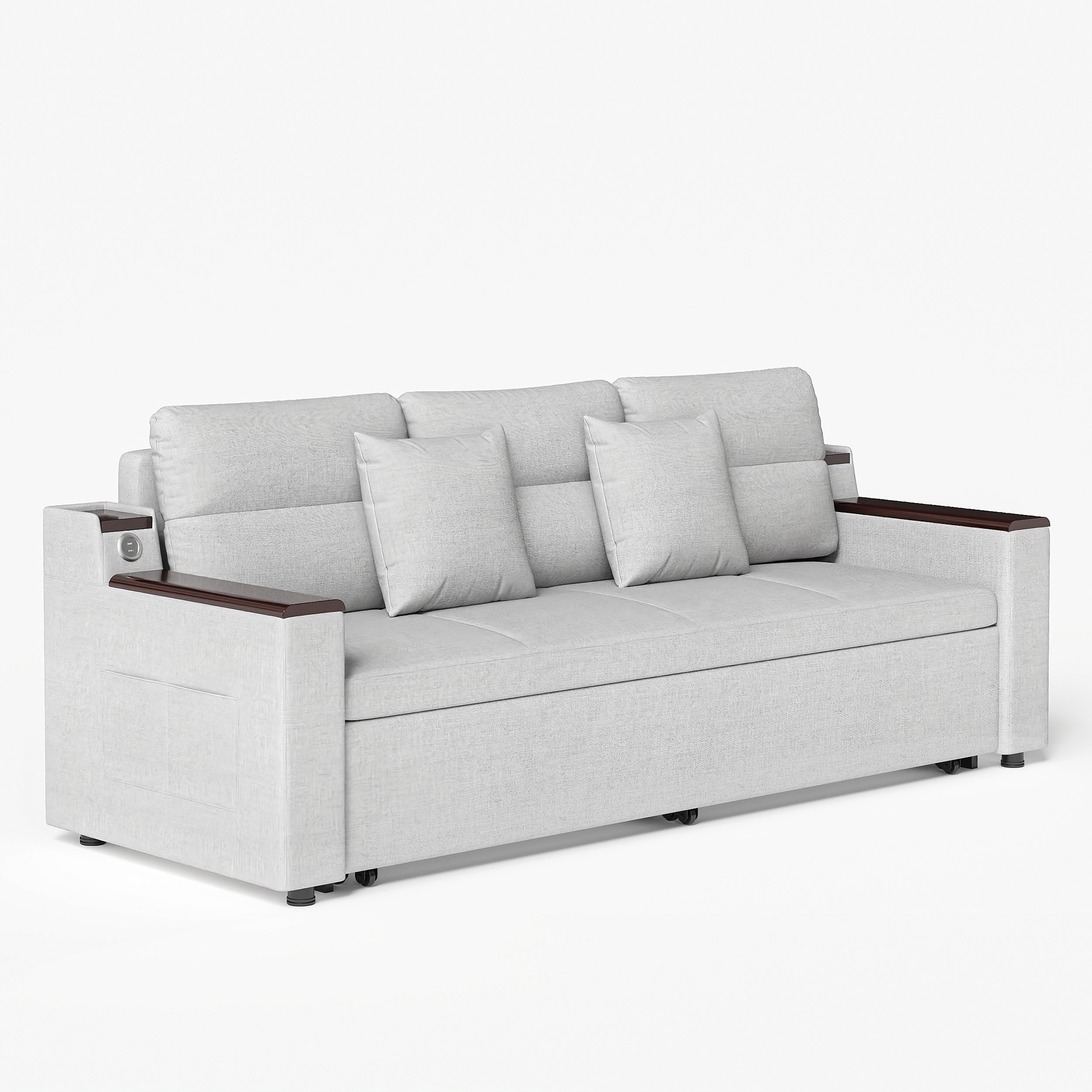 HMR 83" King 3-Seater Sleeper Sofa with Trundle & USB Port - Light Gray, Linen