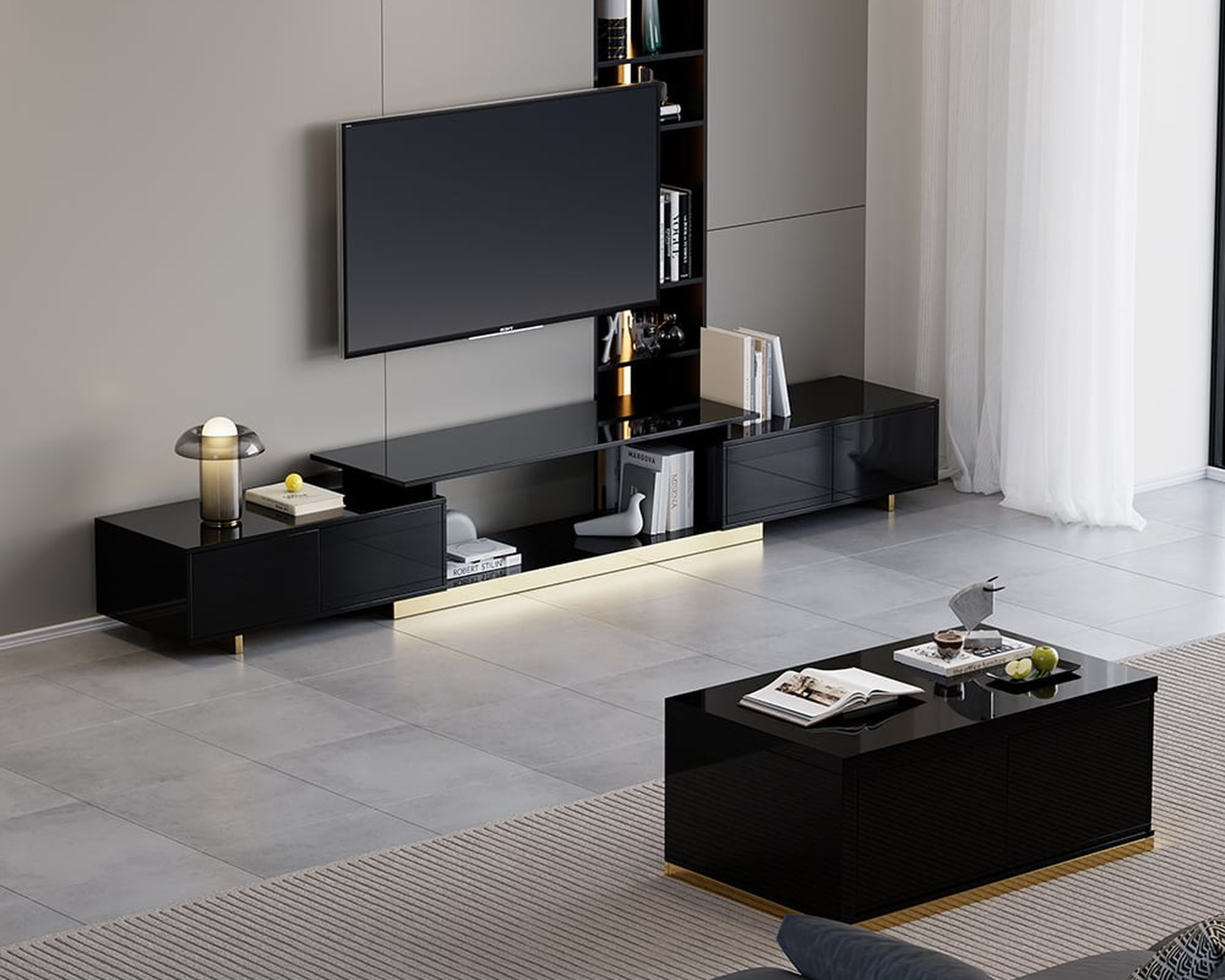 HMR Mordelle Glossy Extendable TV Stand & Coffee Table Set - Black, Style A