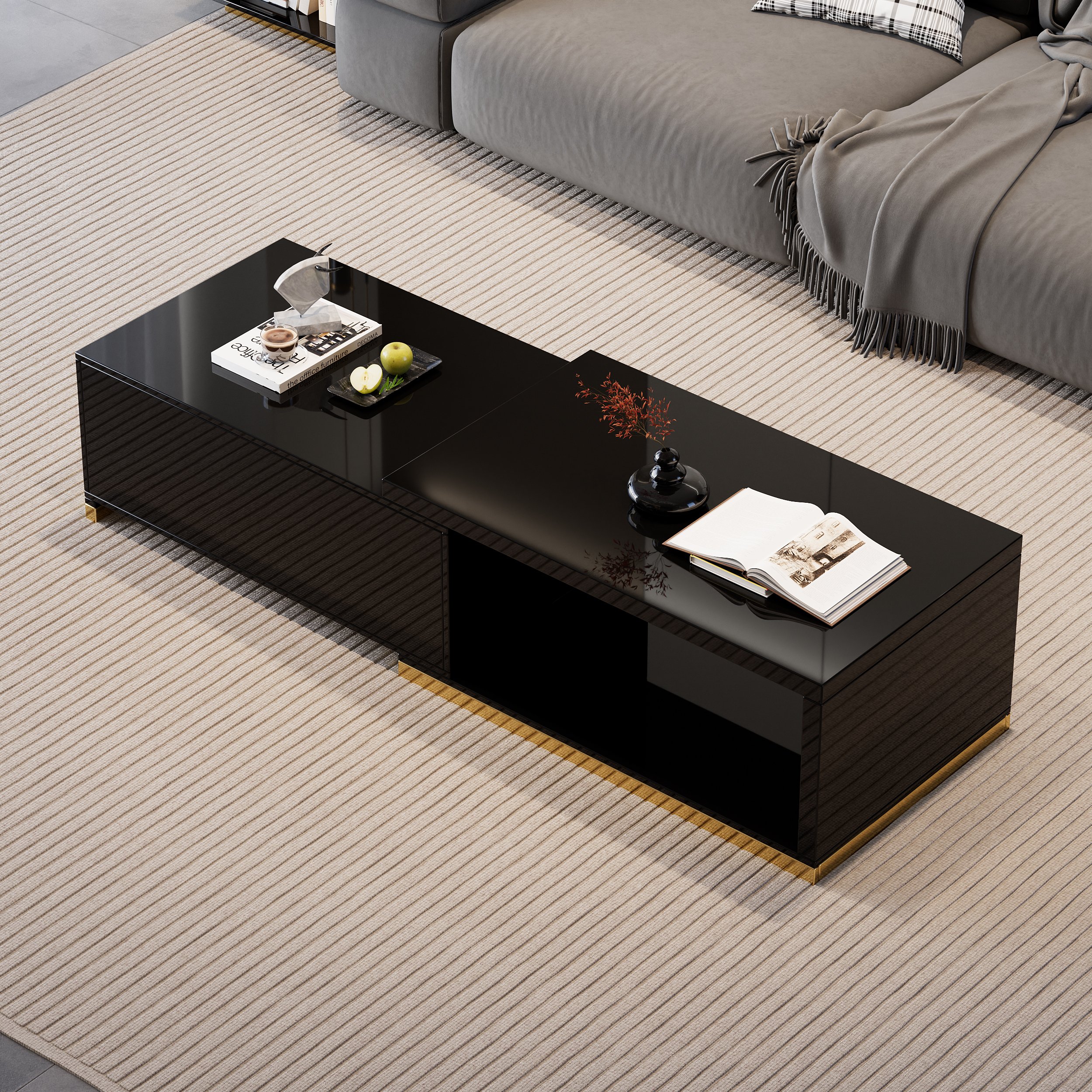 HMR Mordelle Glossy Extendable TV Stand & Coffee Table Set - Black, Style A