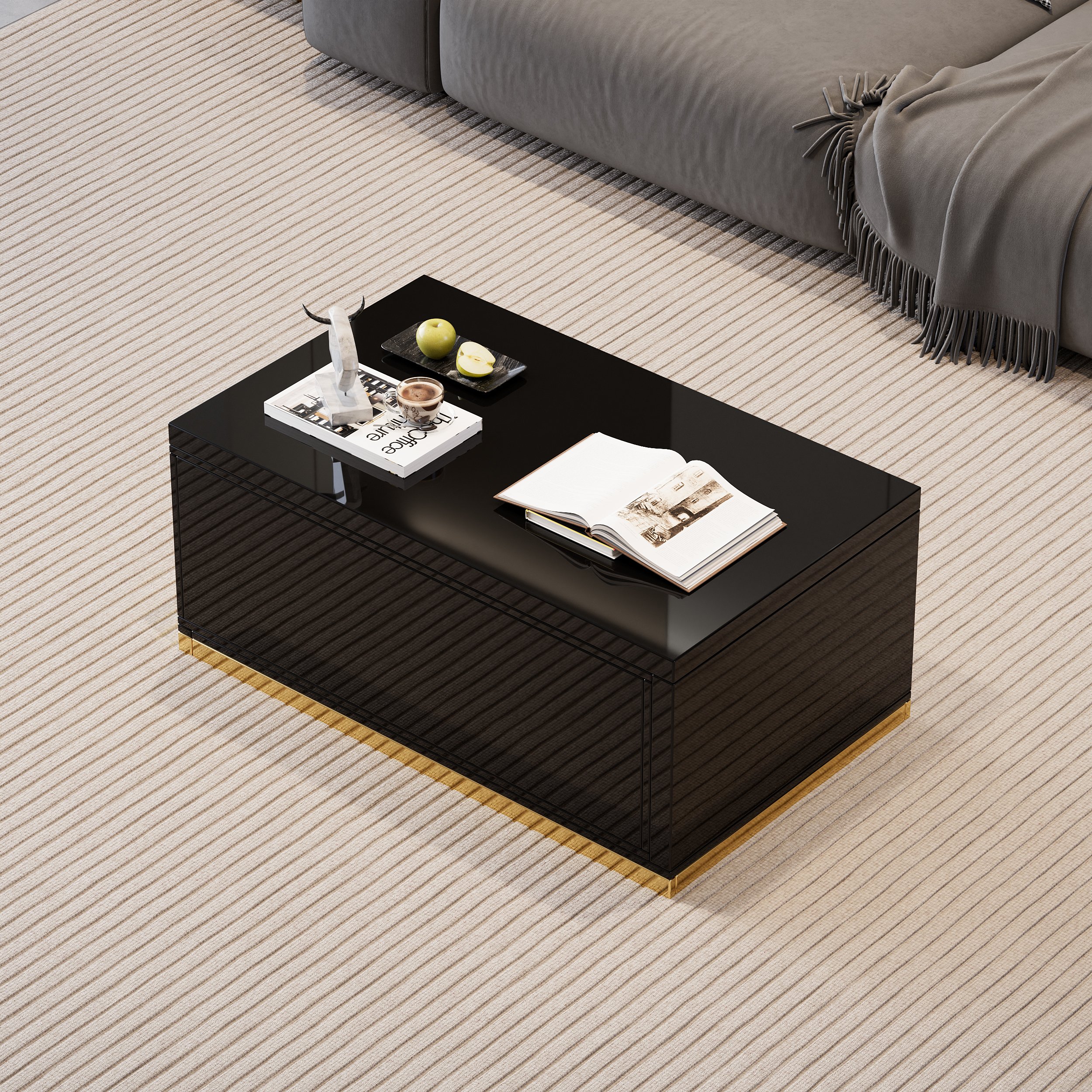 HMR Mordelle Glossy Extendable TV Stand & Coffee Table Set - Black, Style A