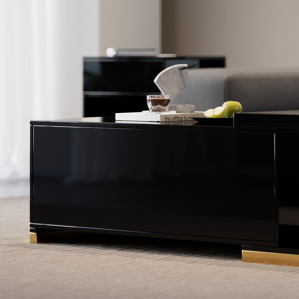 HMR Mordelle Glossy Extendable TV Stand & Coffee Table Set - Black, Style A