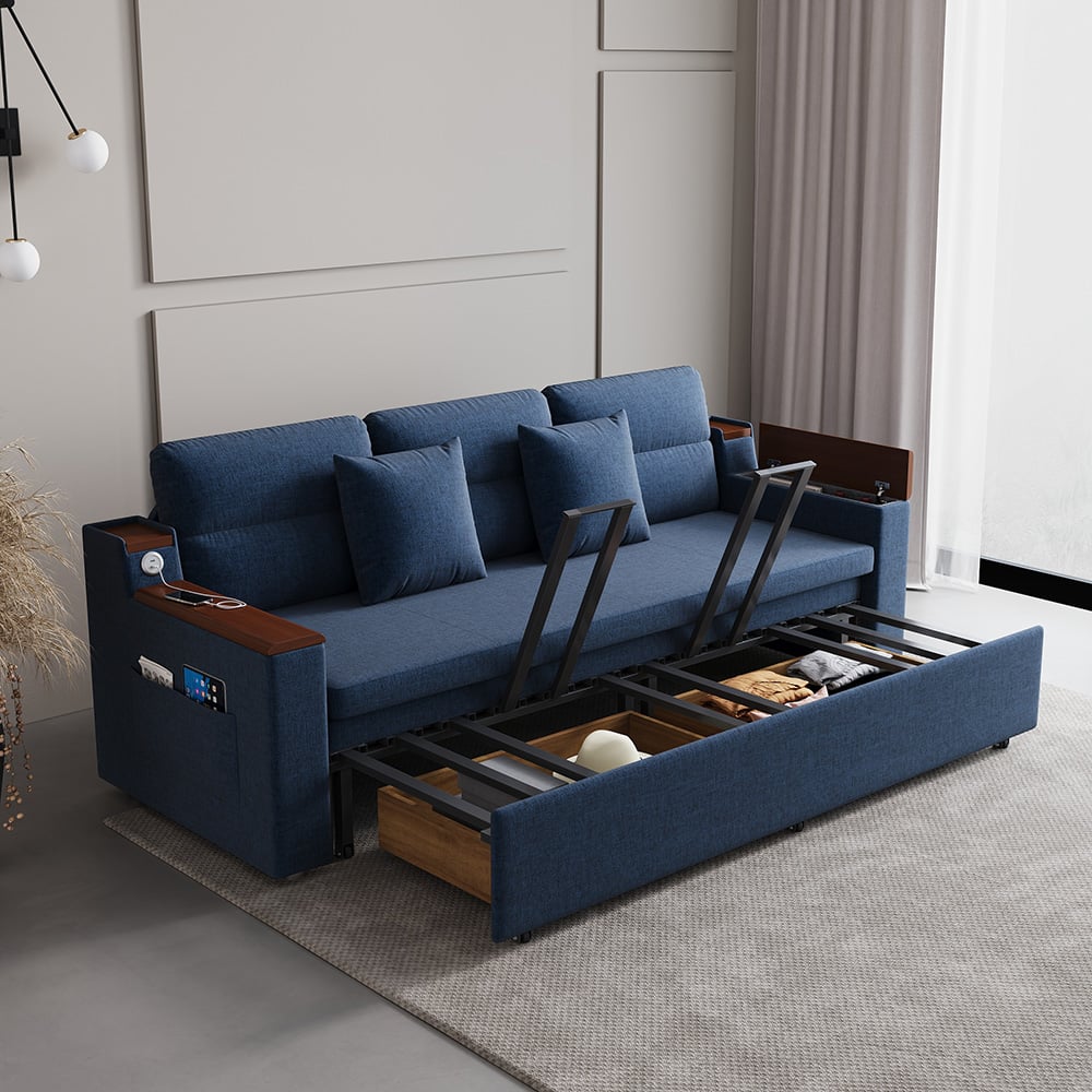 HMR 83" King 3-Seater Sleeper Sofa with Trundle & USB Port - Blue, Linen
