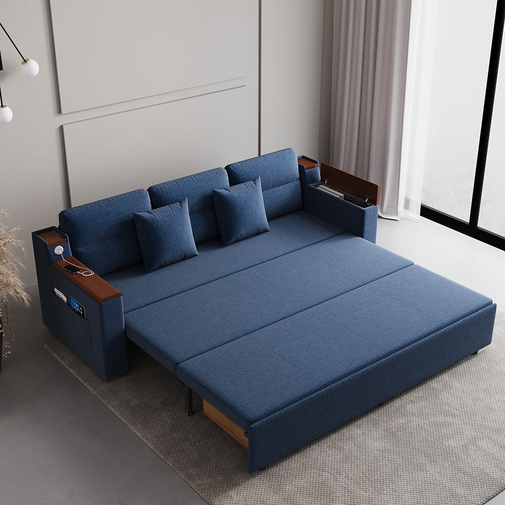 HMR 83" King 3-Seater Sleeper Sofa with Trundle & USB Port - Blue, Linen