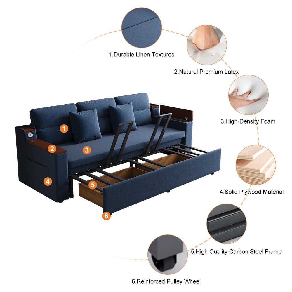 HMR 83" King 3-Seater Sleeper Sofa with Trundle & USB Port - Blue, Linen