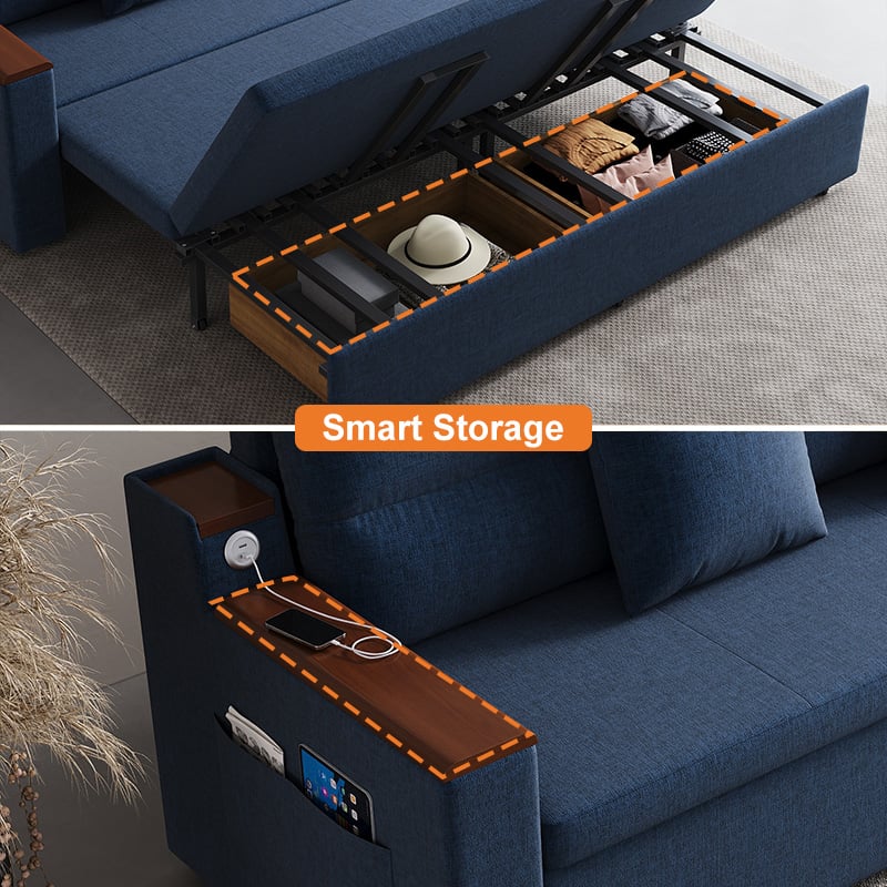 HMR 83" King 3-Seater Sleeper Sofa with Trundle & USB Port - Blue, Linen
