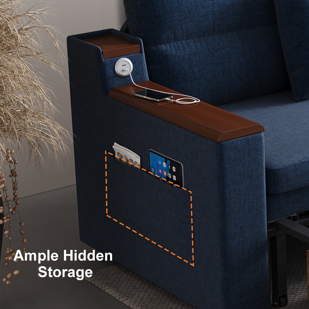 HMR 83" King 3-Seater Sleeper Sofa with Trundle & USB Port - Blue, Linen