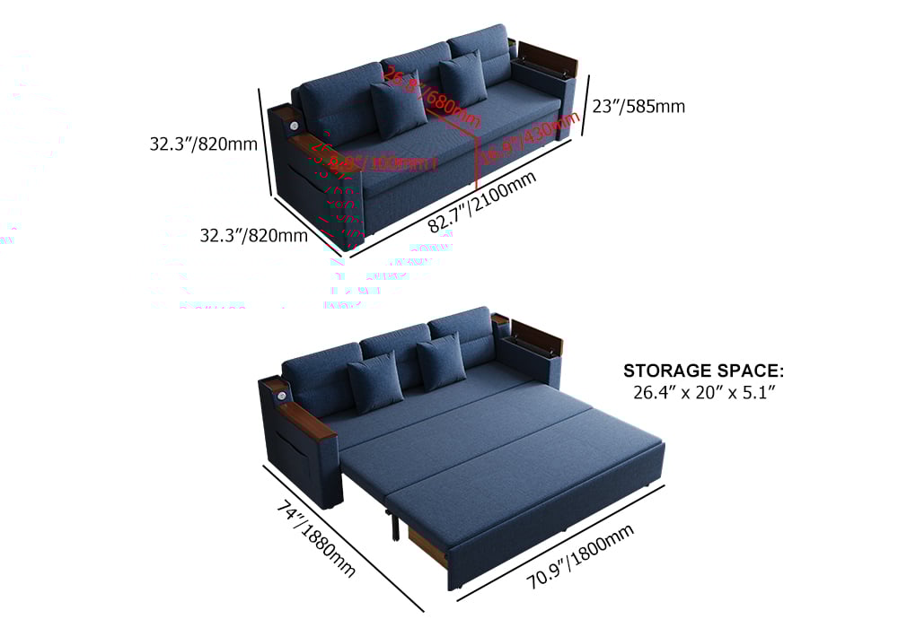 HMR 83" King 3-Seater Sleeper Sofa with Trundle & USB Port - Blue, Linen