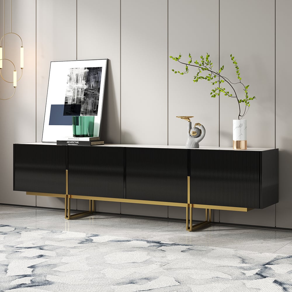 HMR Grovyn Sintered Stone Top Fluted TV Stand with Storage - Black, 78.7"W x 17.7"D x 23.6"H, Without Fireplace