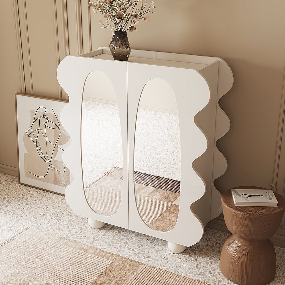 HMR - 37.8" Modern White 15-Pairs Shoe Storage Wave Design Mirror Shoe Cabinet Ample Storage