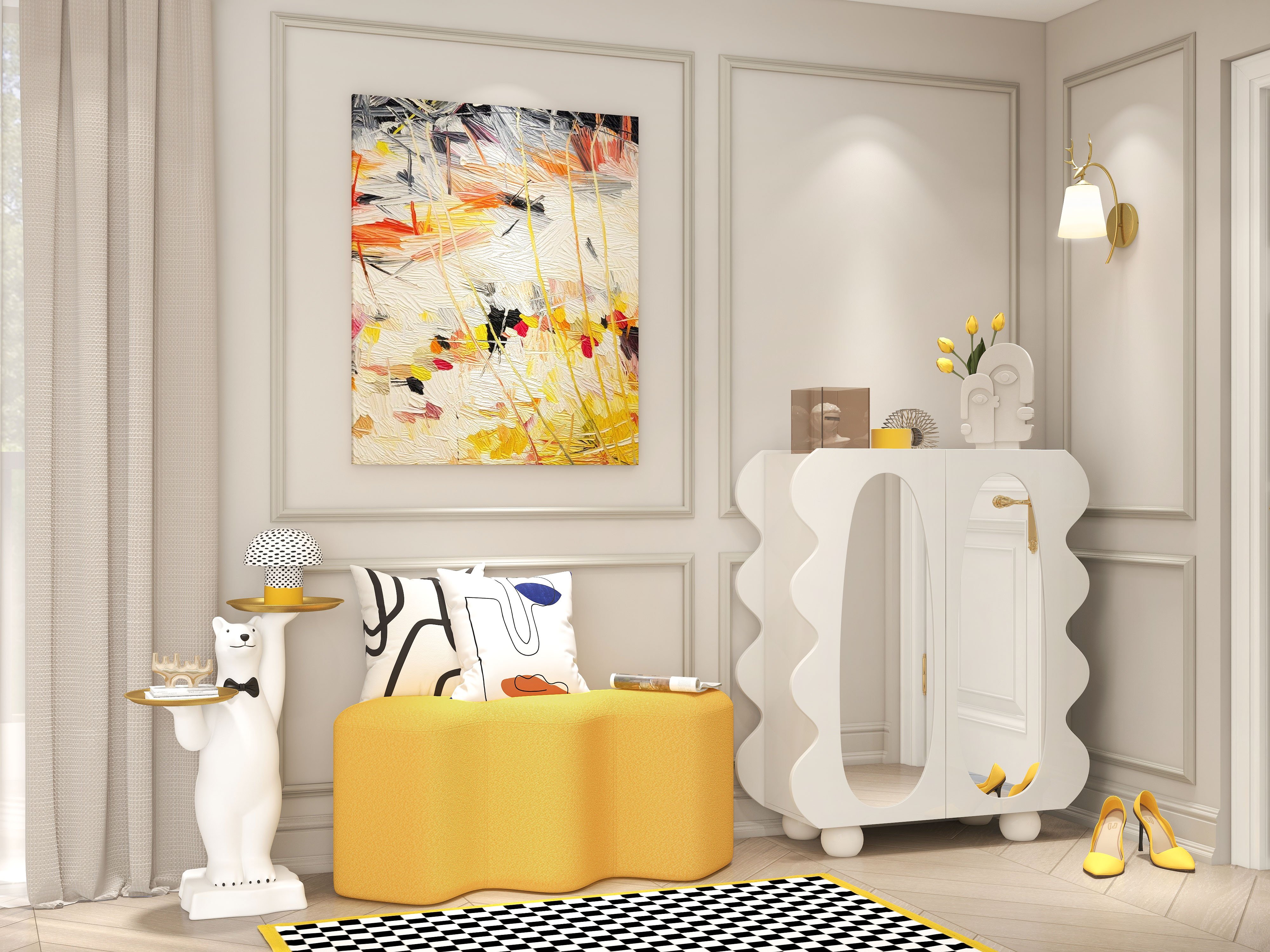 HMR - 37.8" Modern White 15-Pairs Shoe Storage Wave Design Mirror Shoe Cabinet Ample Storage