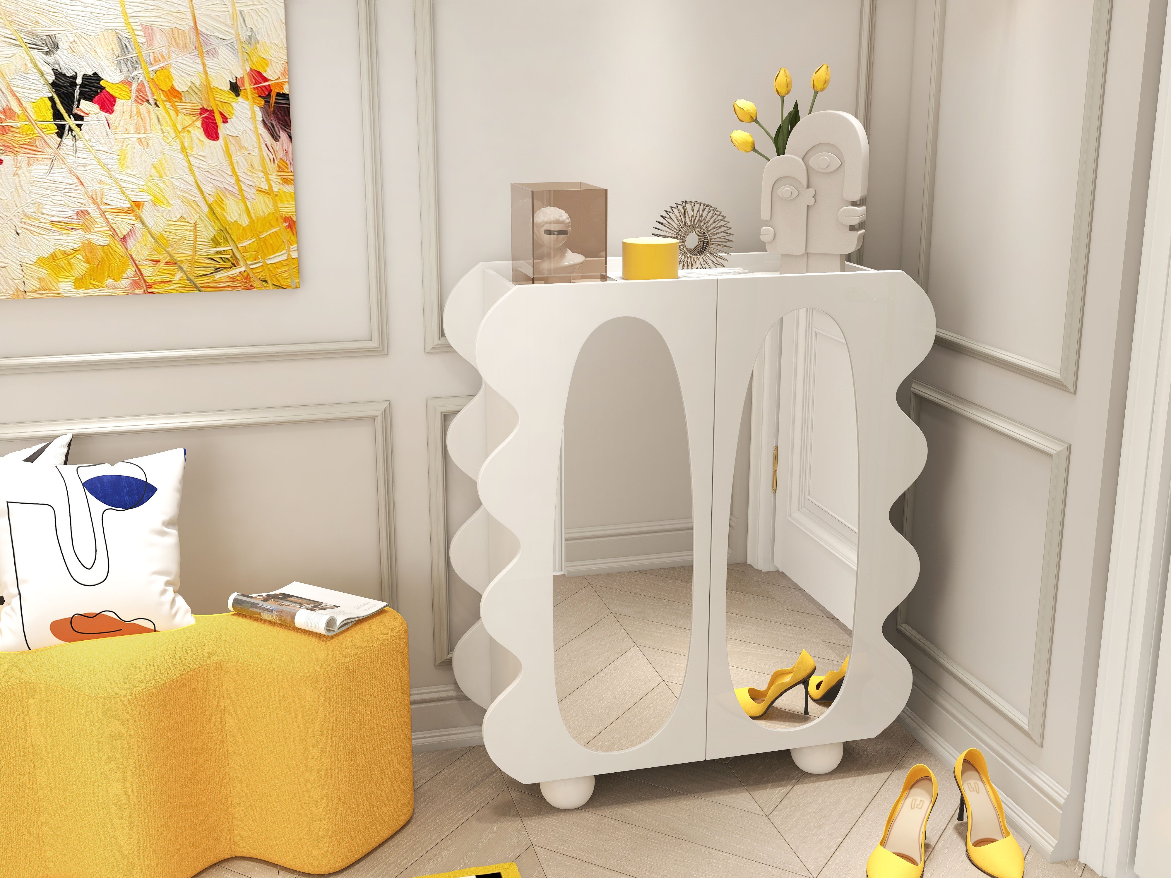HMR - 37.8" Modern White 15-Pairs Shoe Storage Wave Design Mirror Shoe Cabinet Ample Storage