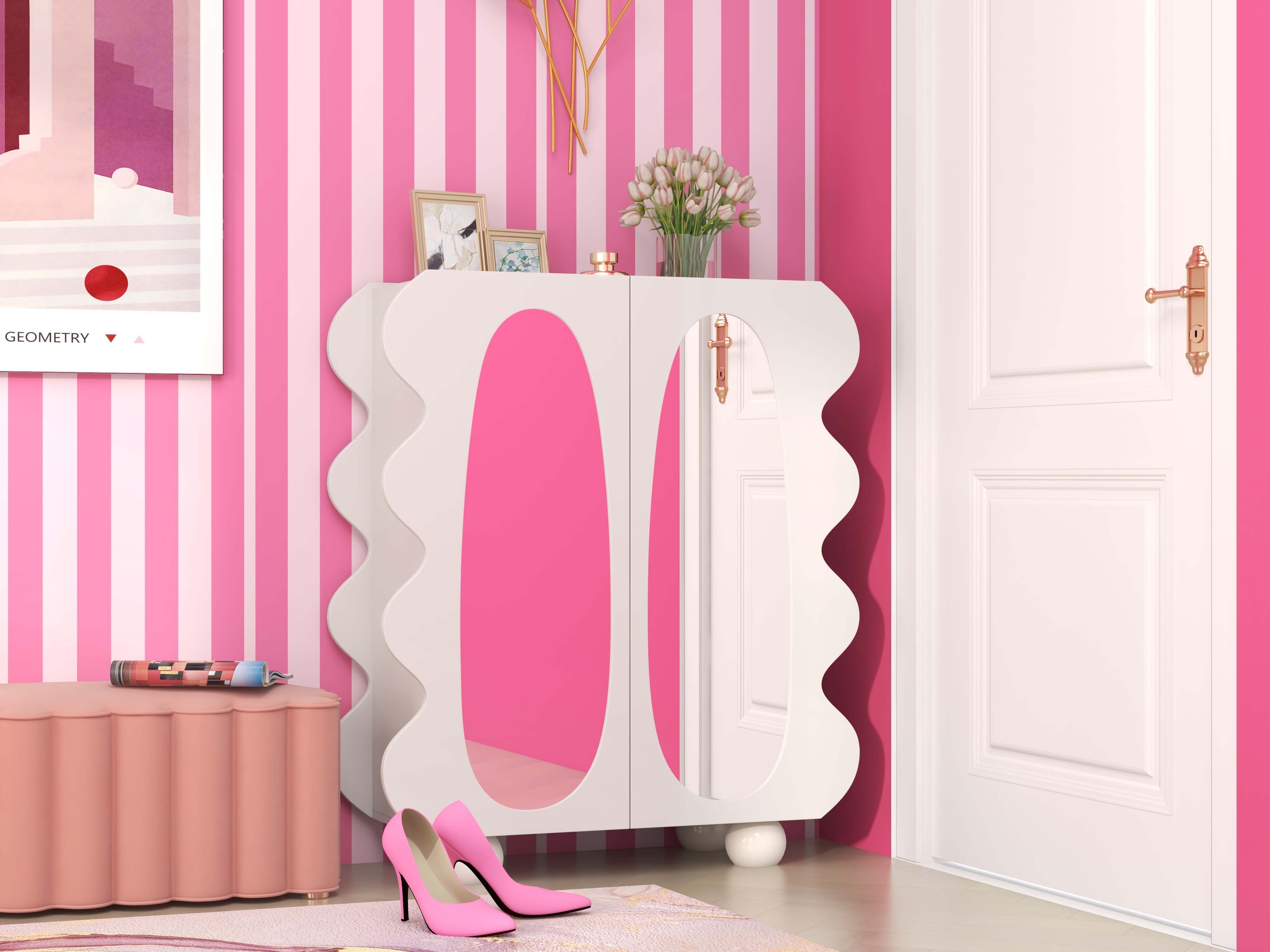 HMR - 37.8" Modern White 15-Pairs Shoe Storage Wave Design Mirror Shoe Cabinet Ample Storage