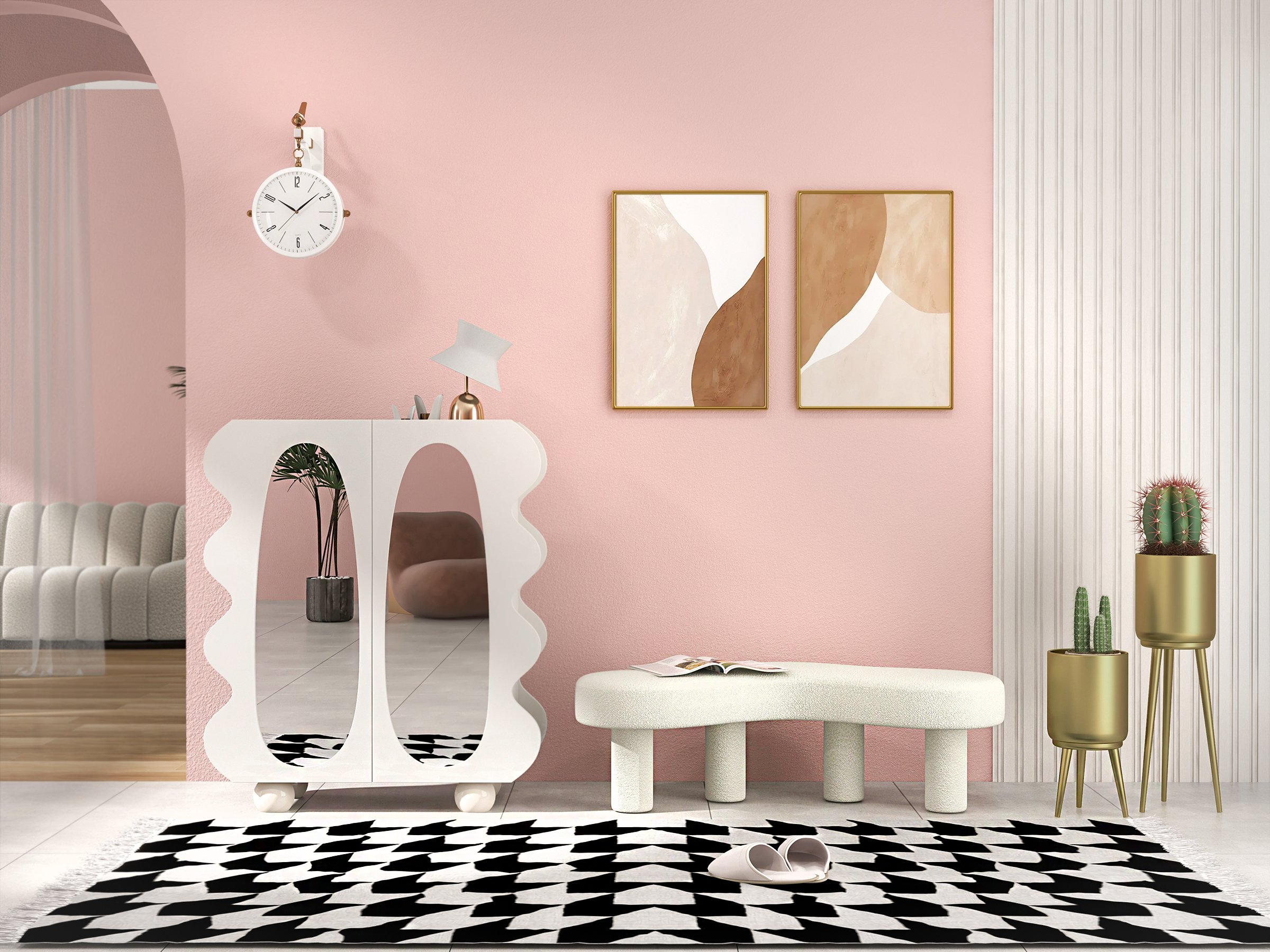 HMR - 37.8" Modern White 15-Pairs Shoe Storage Wave Design Mirror Shoe Cabinet Ample Storage