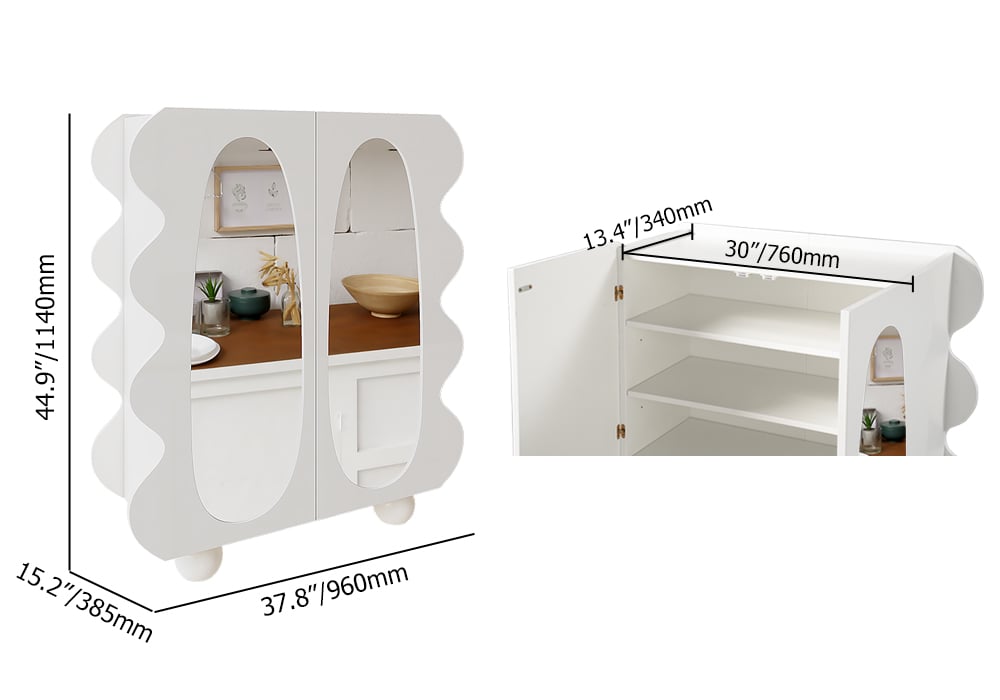 HMR - 37.8" Modern White 15-Pairs Shoe Storage Wave Design Mirror Shoe Cabinet Ample Storage