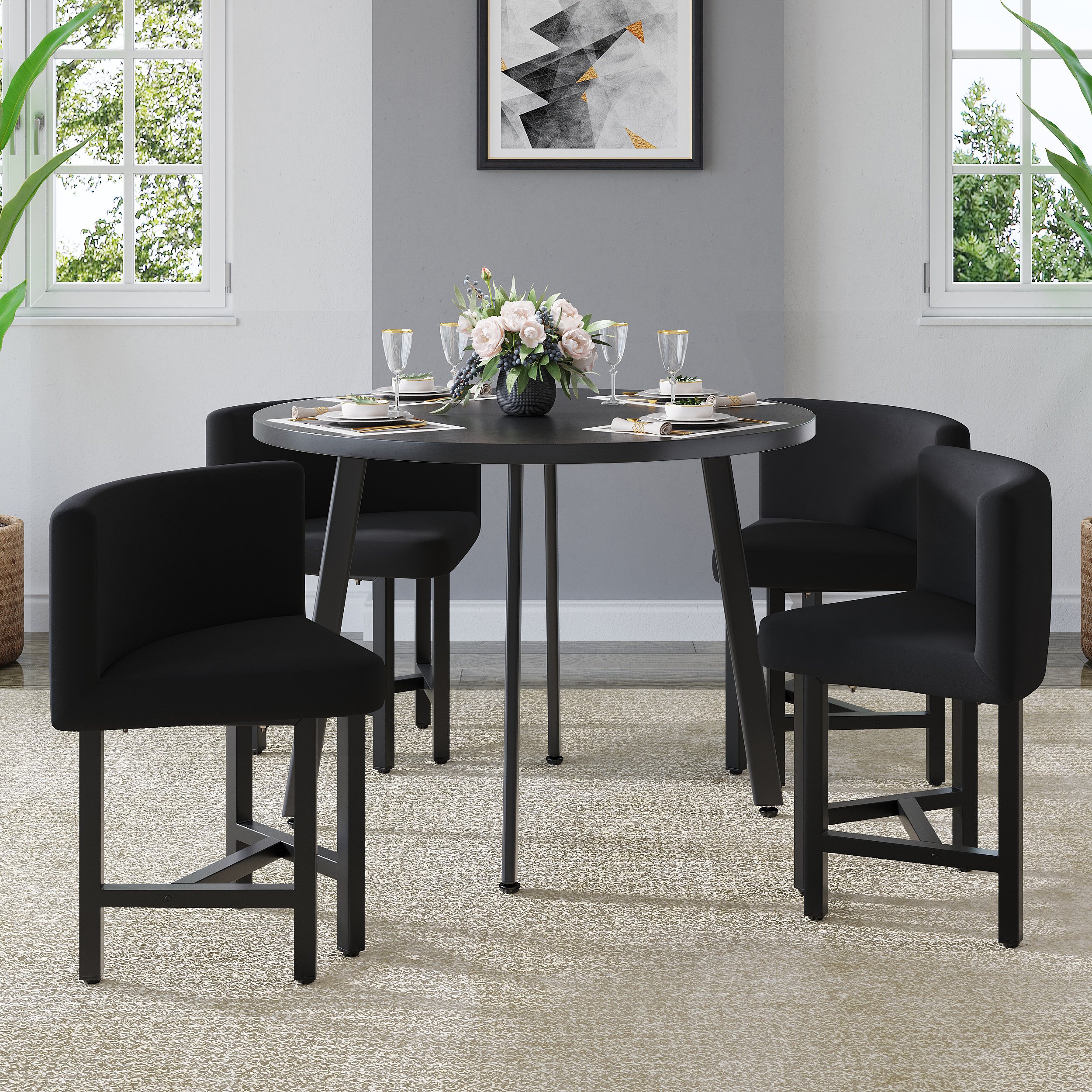 HMR Dining Set 39.4" Modern Round Wood Dining Table with 4 Chairs - Black