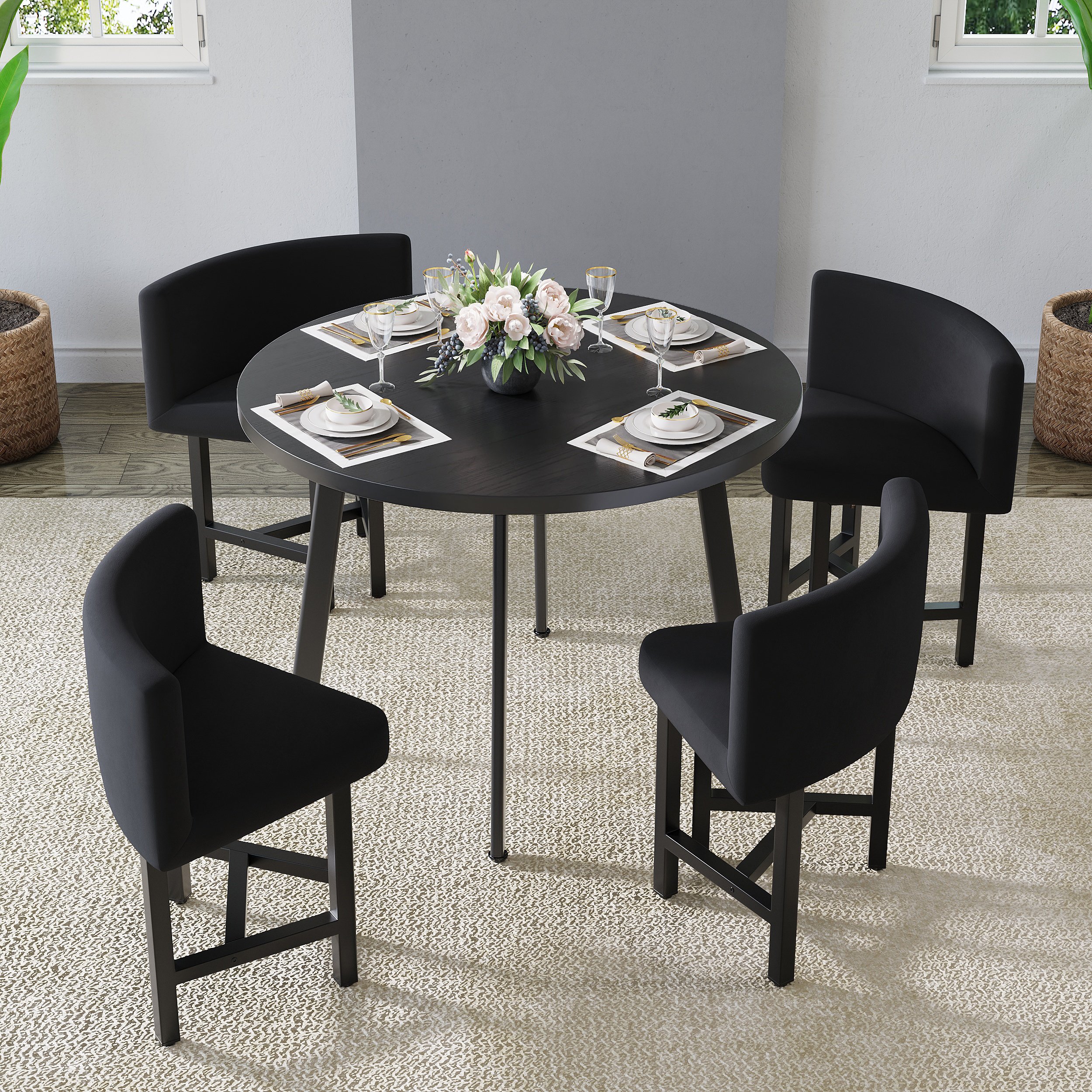HMR Dining Set 39.4" Modern Round Wood Dining Table with 4 Chairs - Black