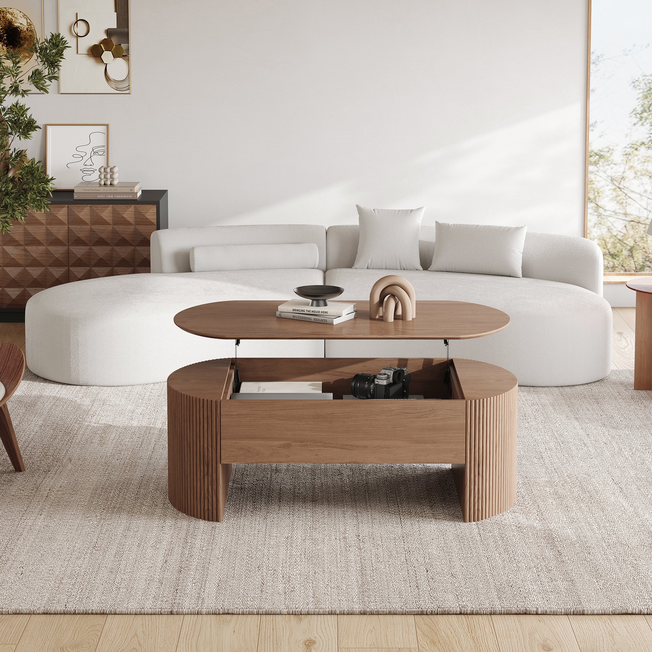 HMR - 47" Oval Walnut Lift Top Mid-Century Modern Coffee Table