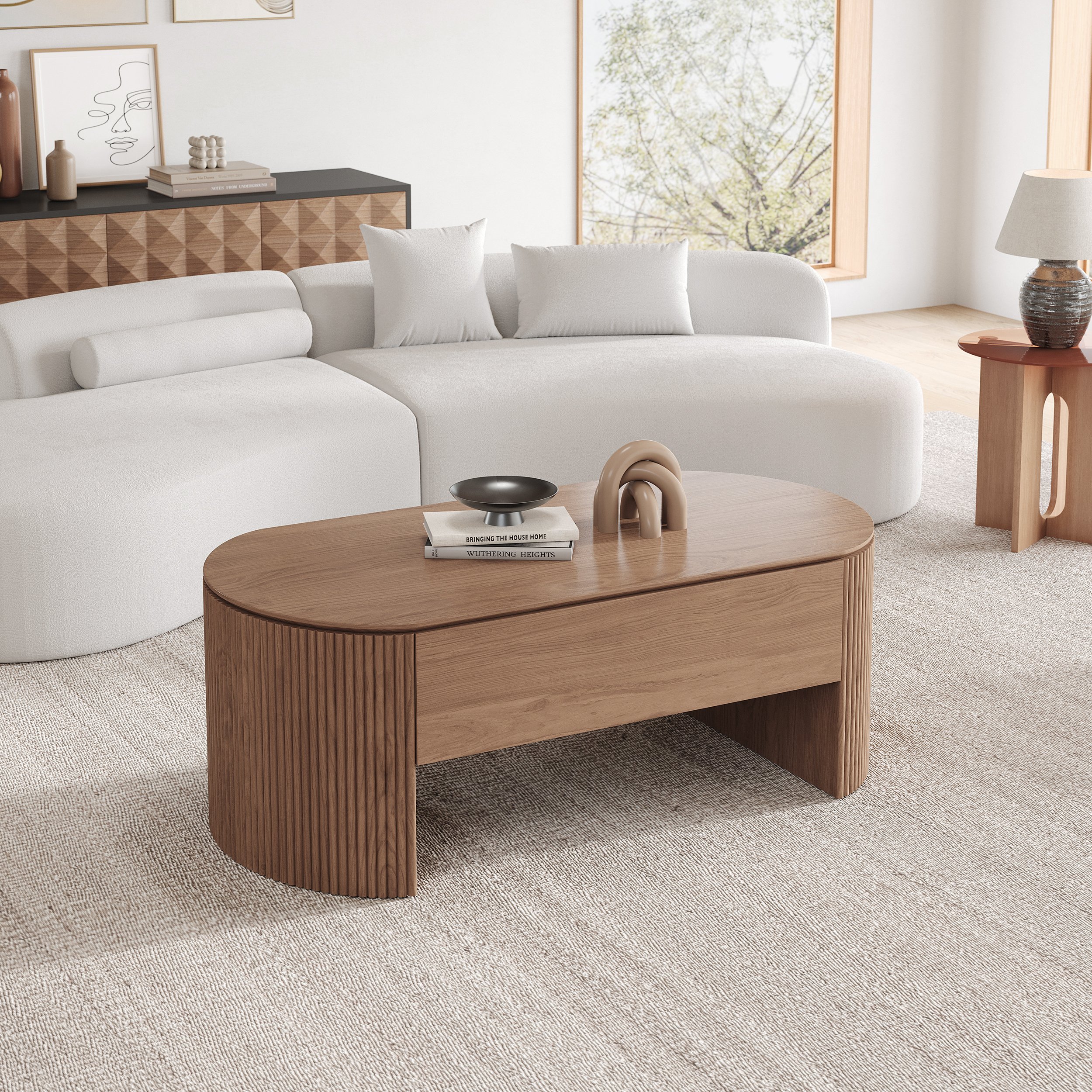 HMR - 47" Oval Walnut Lift Top Mid-Century Modern Coffee Table