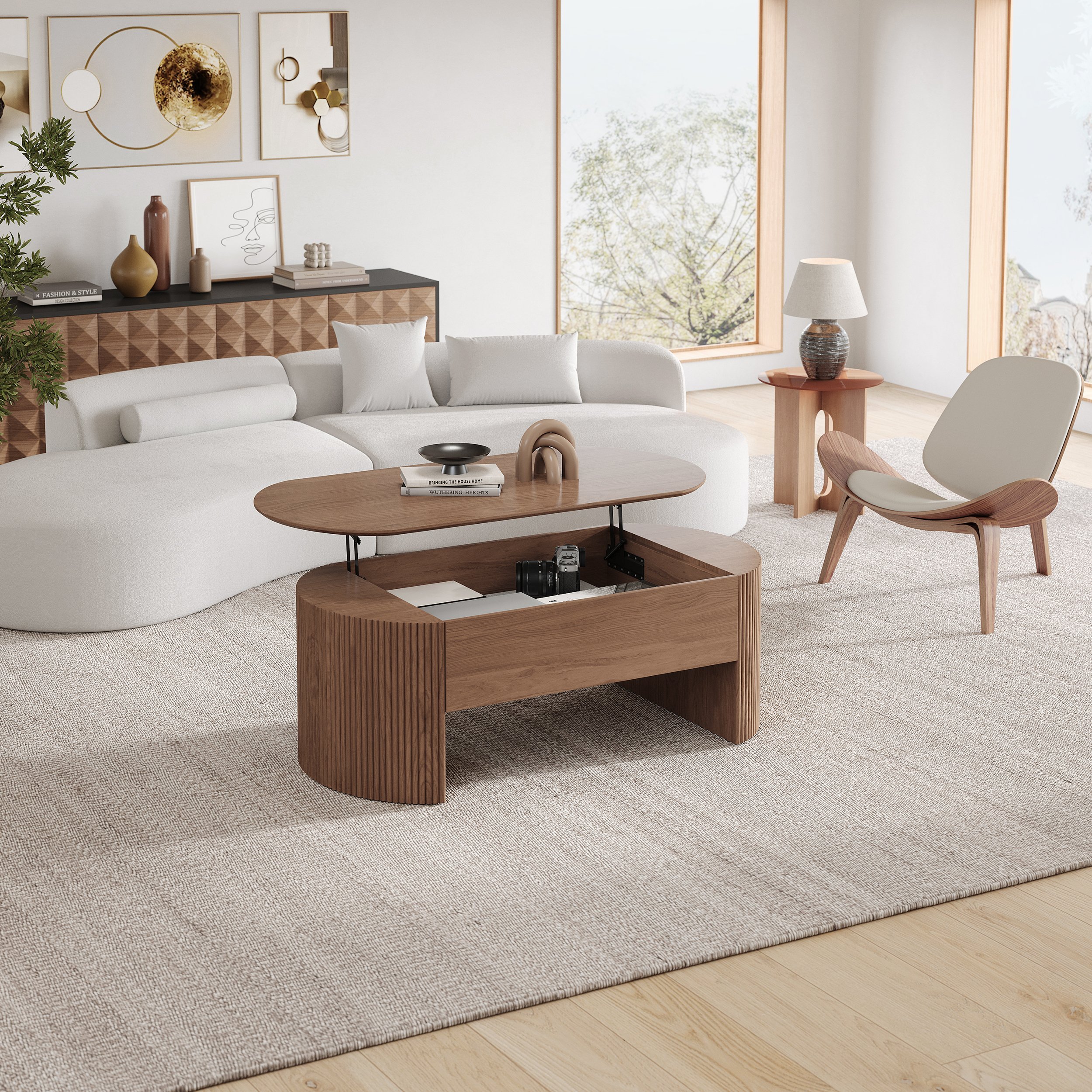 HMR - 47" Oval Walnut Lift Top Mid-Century Modern Coffee Table