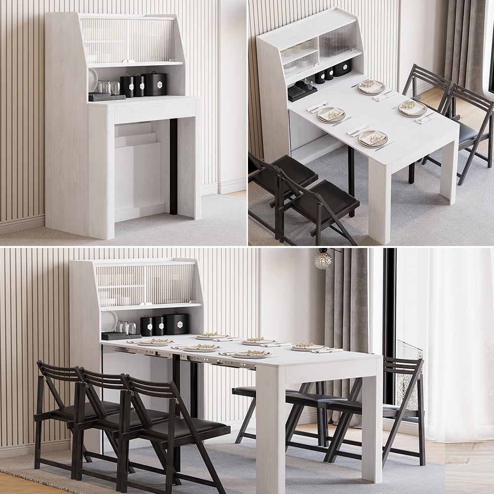 HMR 70.9" Farmhouse Extendable Dining Table with Storage Sideboard Seats 4-6 People - White