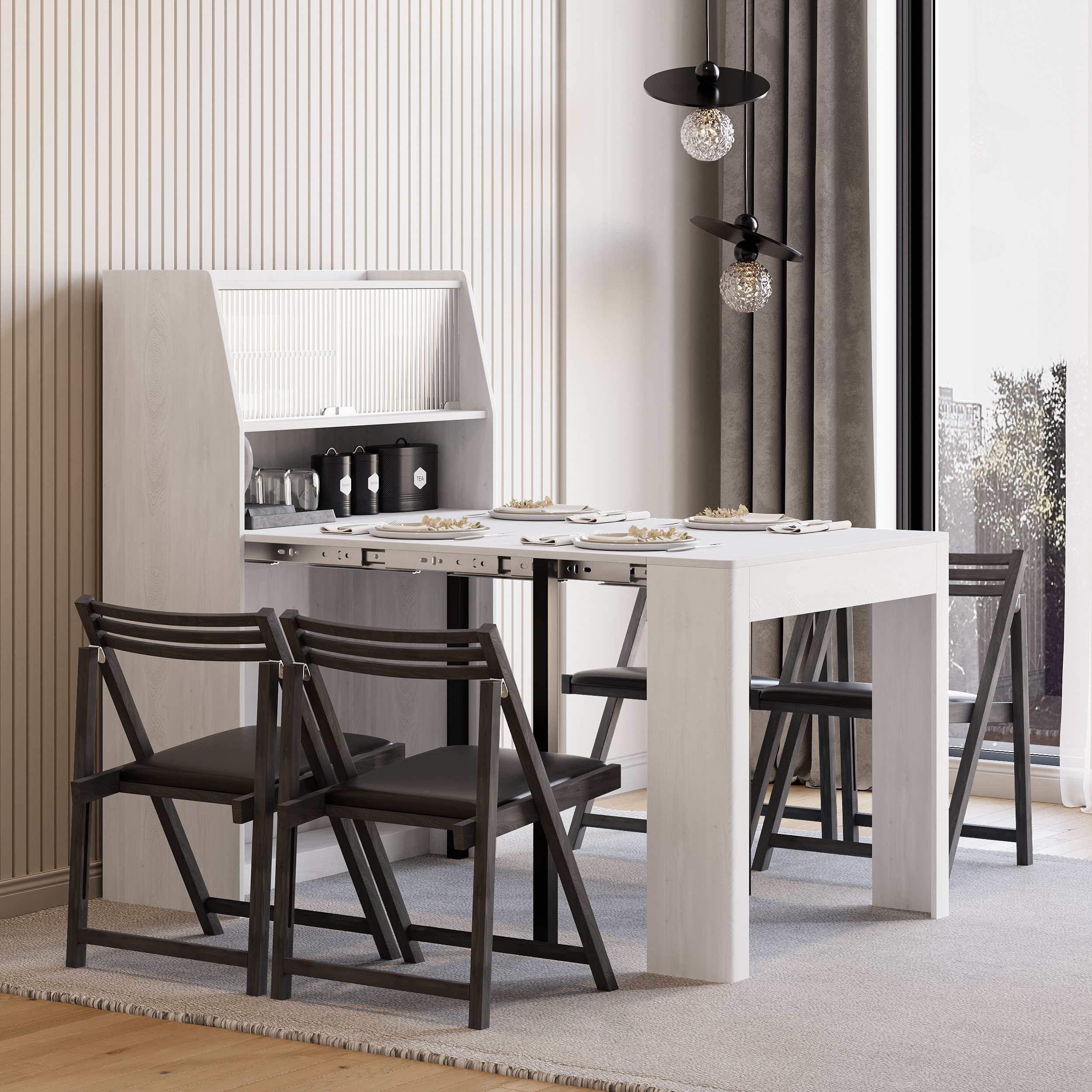 HMR 70.9" Farmhouse Extendable Dining Table with Storage Sideboard Seats 4-6 People - White