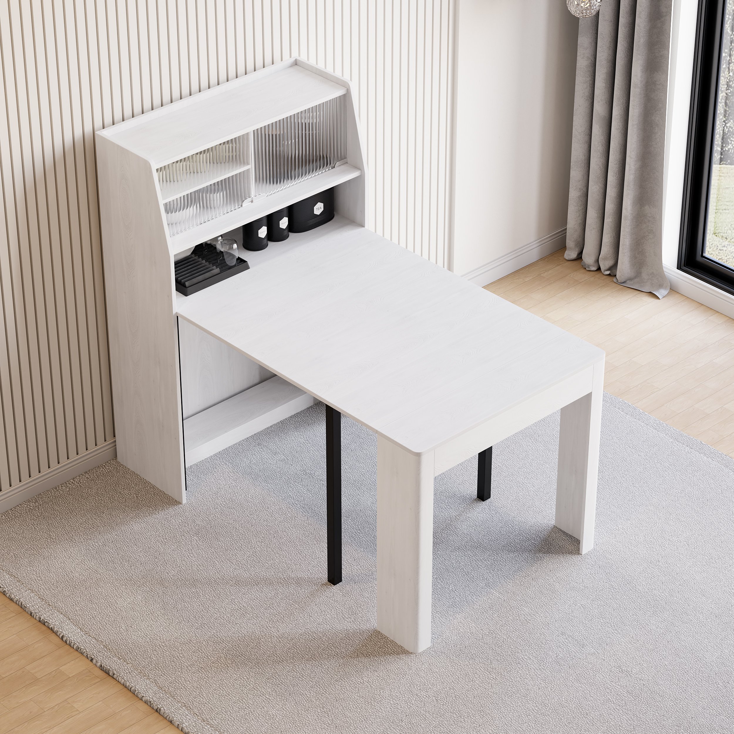 HMR 70.9" Farmhouse Extendable Dining Table with Storage Sideboard Seats 4-6 People - White