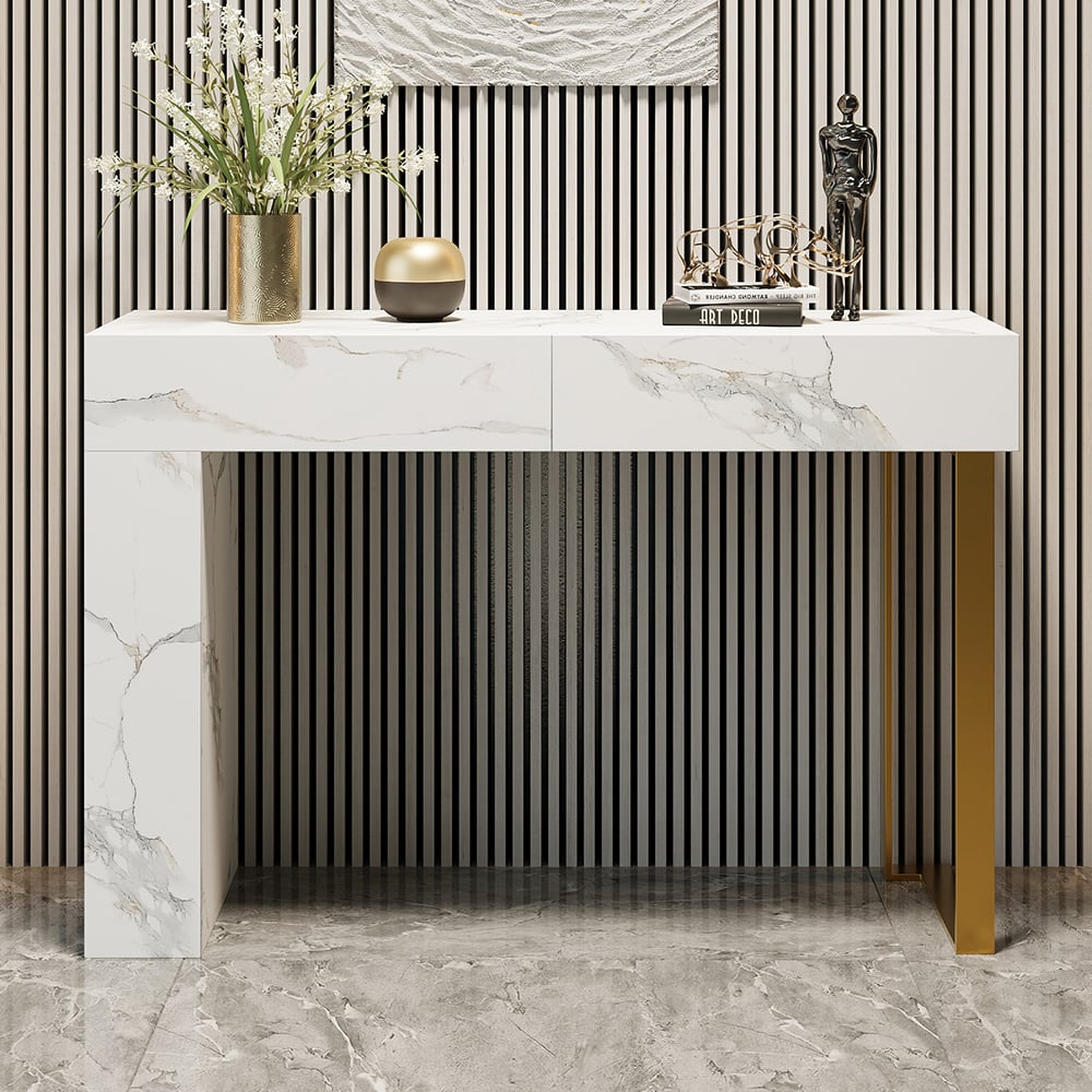 HMR - 47.2" White Console Table Modern Rectangle Accent Table For Entryway with 2 Drawers