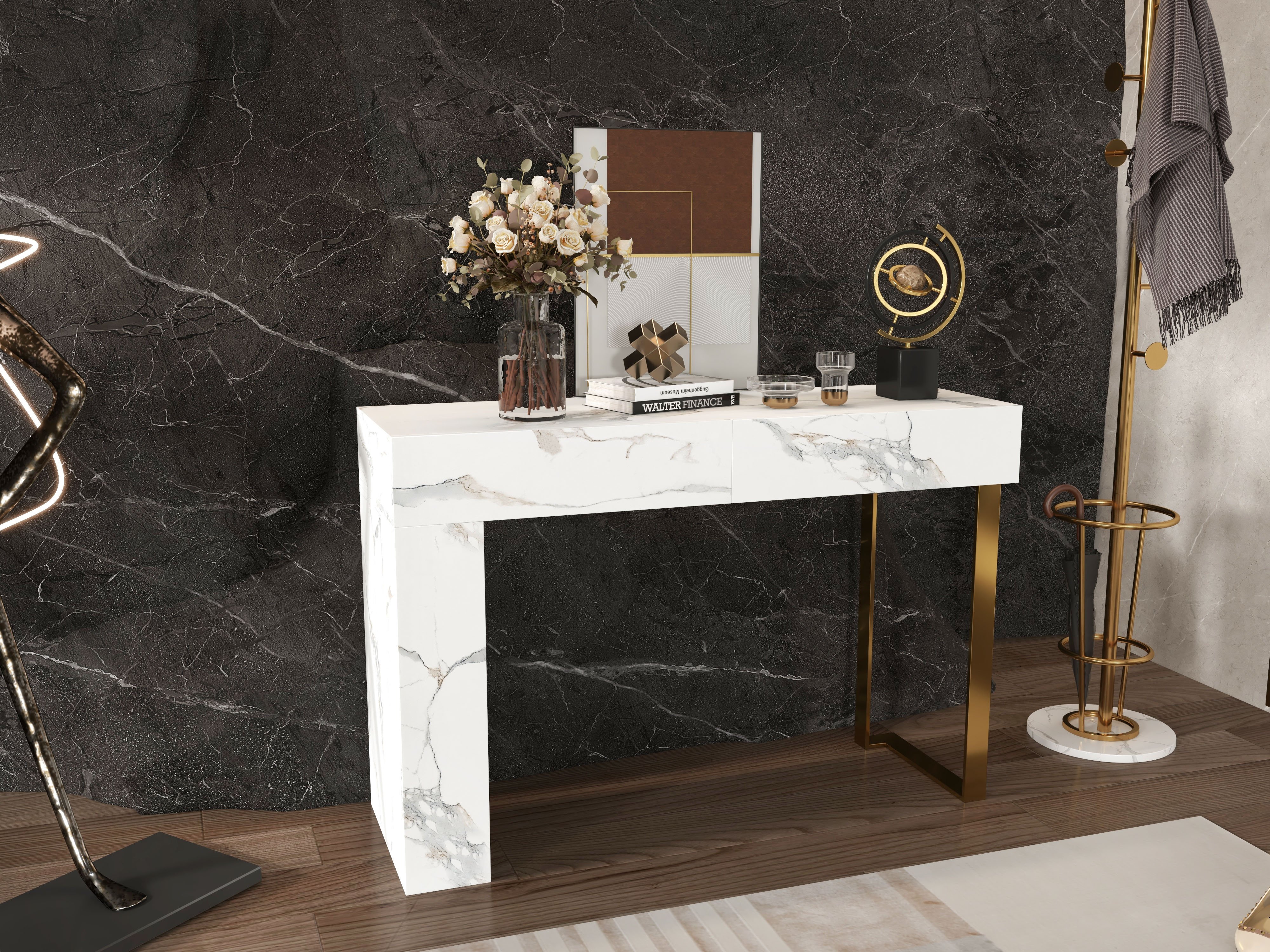 HMR - 47.2" White Console Table Modern Rectangle Accent Table For Entryway with 2 Drawers