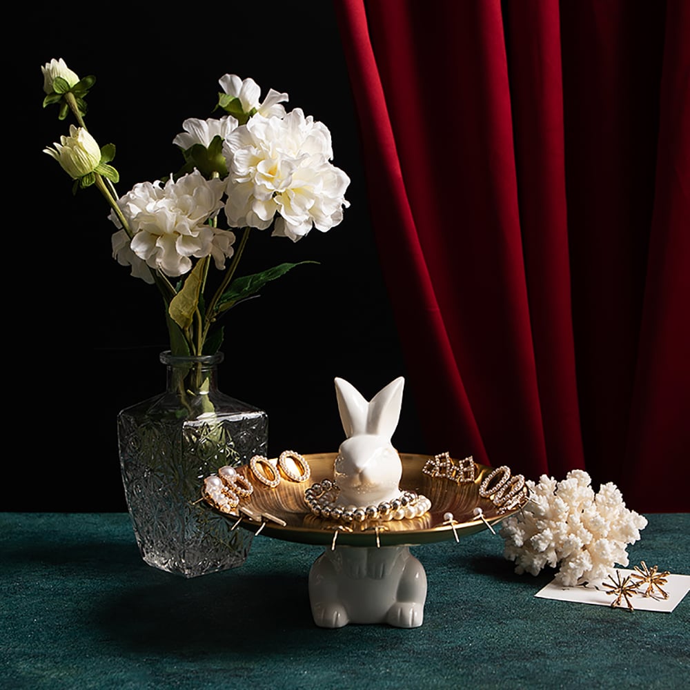 HMR - White & Gold Ceramic Rabbit Decorative Storage Tray Holder Desk Animal Statue Ornament
