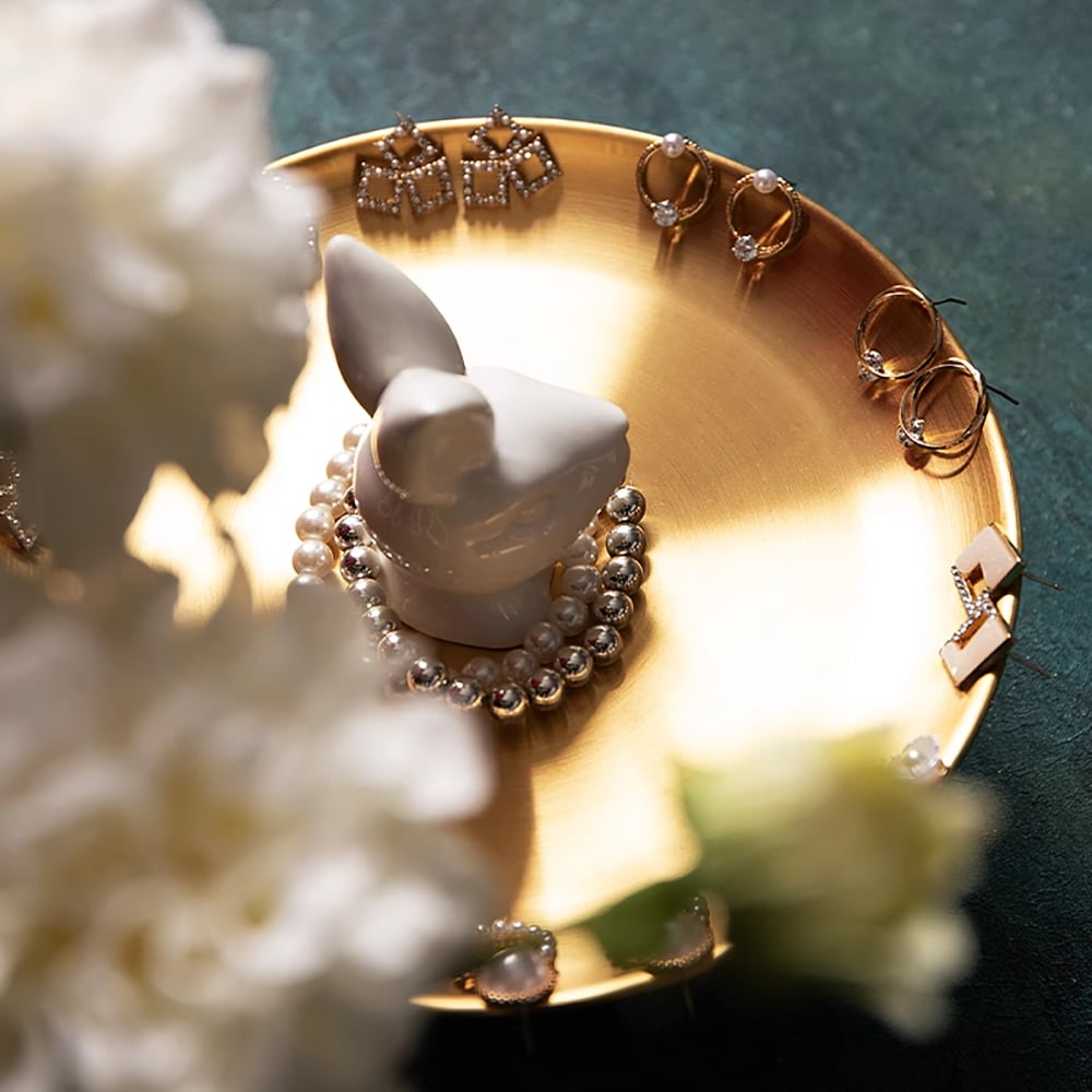 HMR - White & Gold Ceramic Rabbit Decorative Storage Tray Holder Desk Animal Statue Ornament