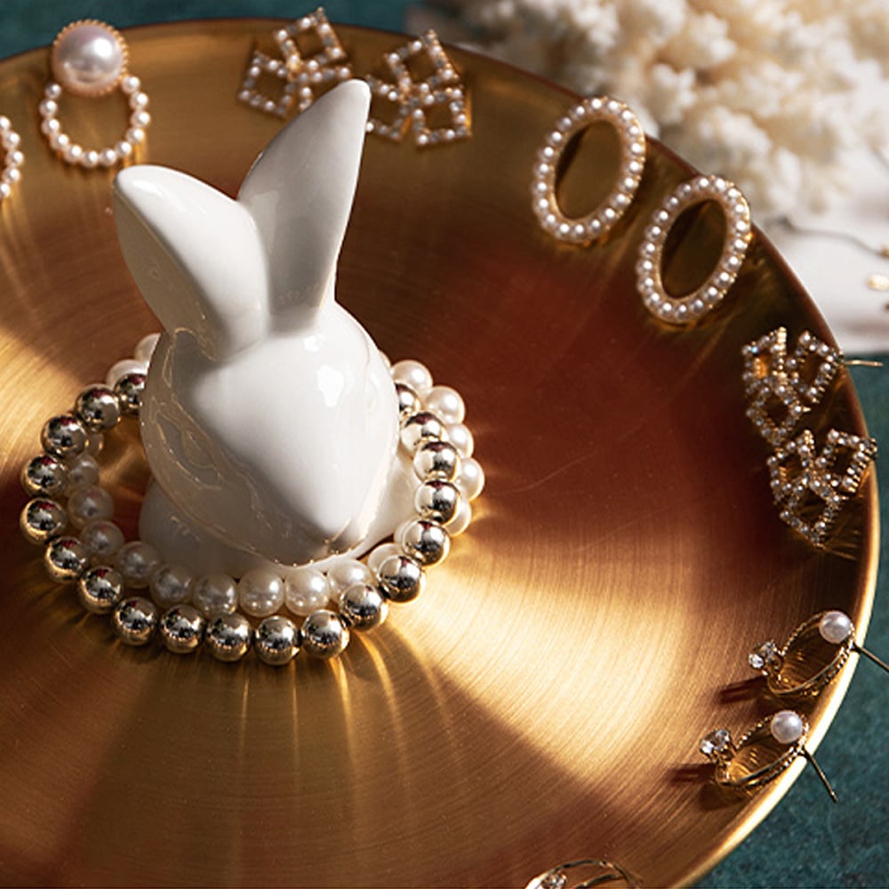 HMR - White & Gold Ceramic Rabbit Decorative Storage Tray Holder Desk Animal Statue Ornament
