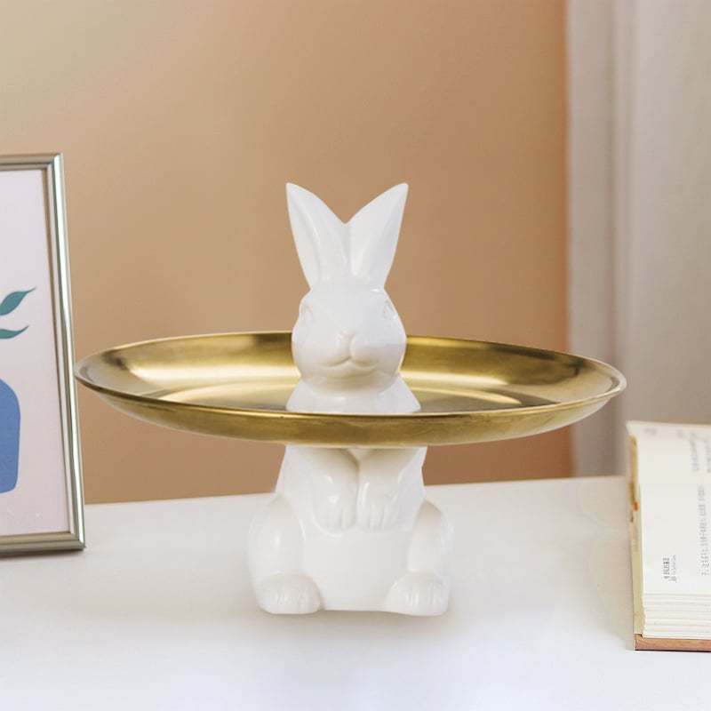 HMR - White & Gold Ceramic Rabbit Decorative Storage Tray Holder Desk Animal Statue Ornament