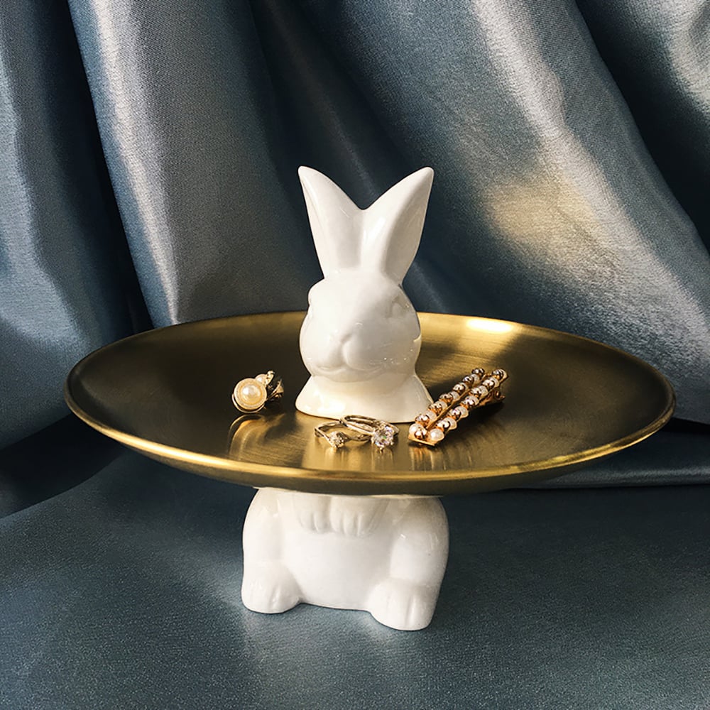 HMR - White & Gold Ceramic Rabbit Decorative Storage Tray Holder Desk Animal Statue Ornament