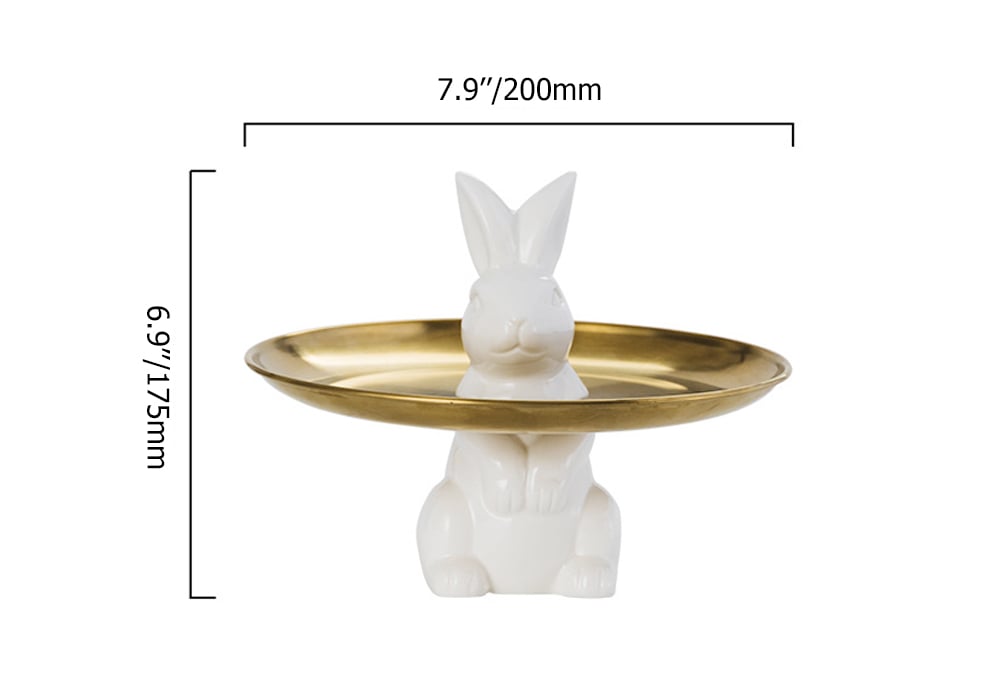 HMR - White & Gold Ceramic Rabbit Decorative Storage Tray Holder Desk Animal Statue Ornament