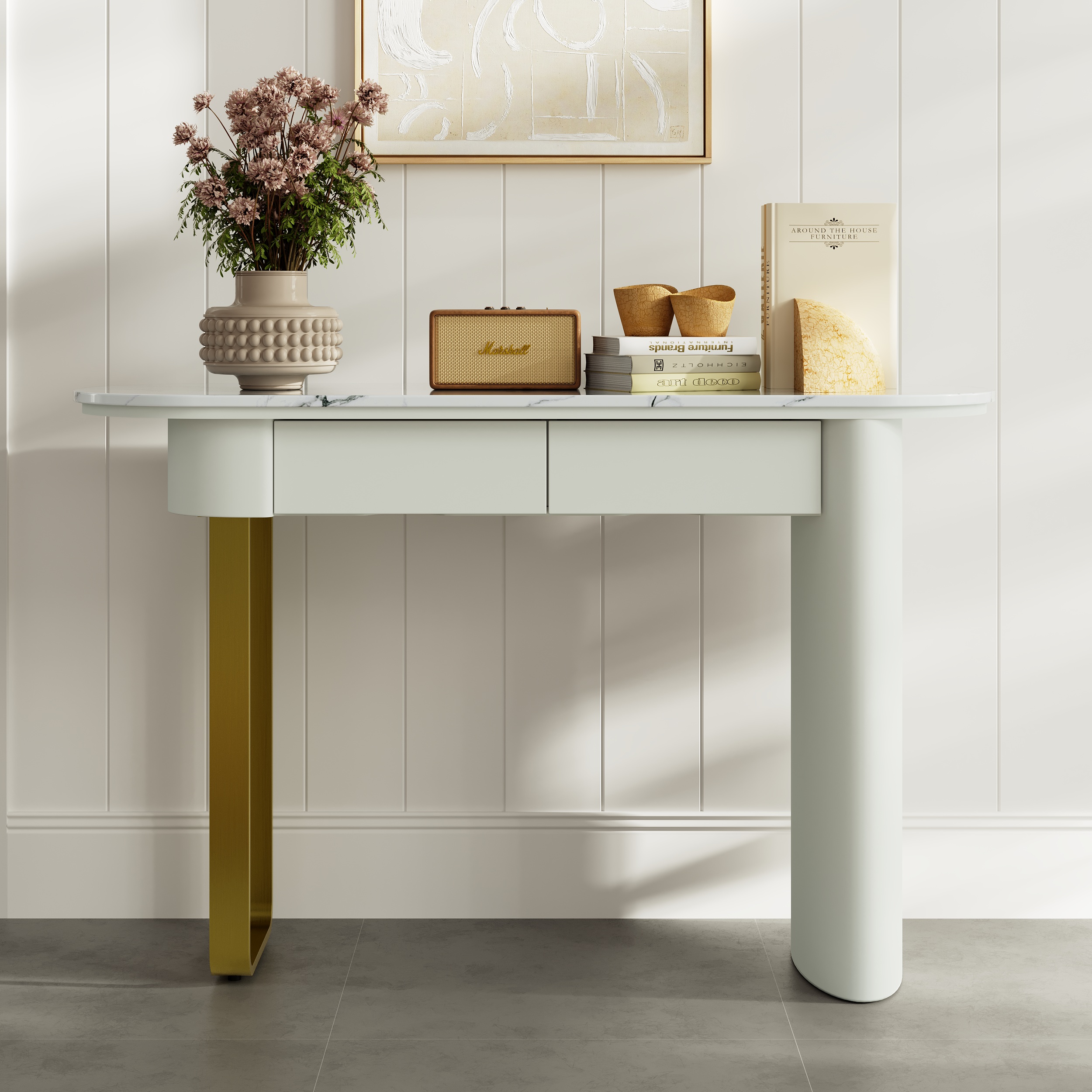 HMR - 45" White Marble Console Table with 2-Drawer