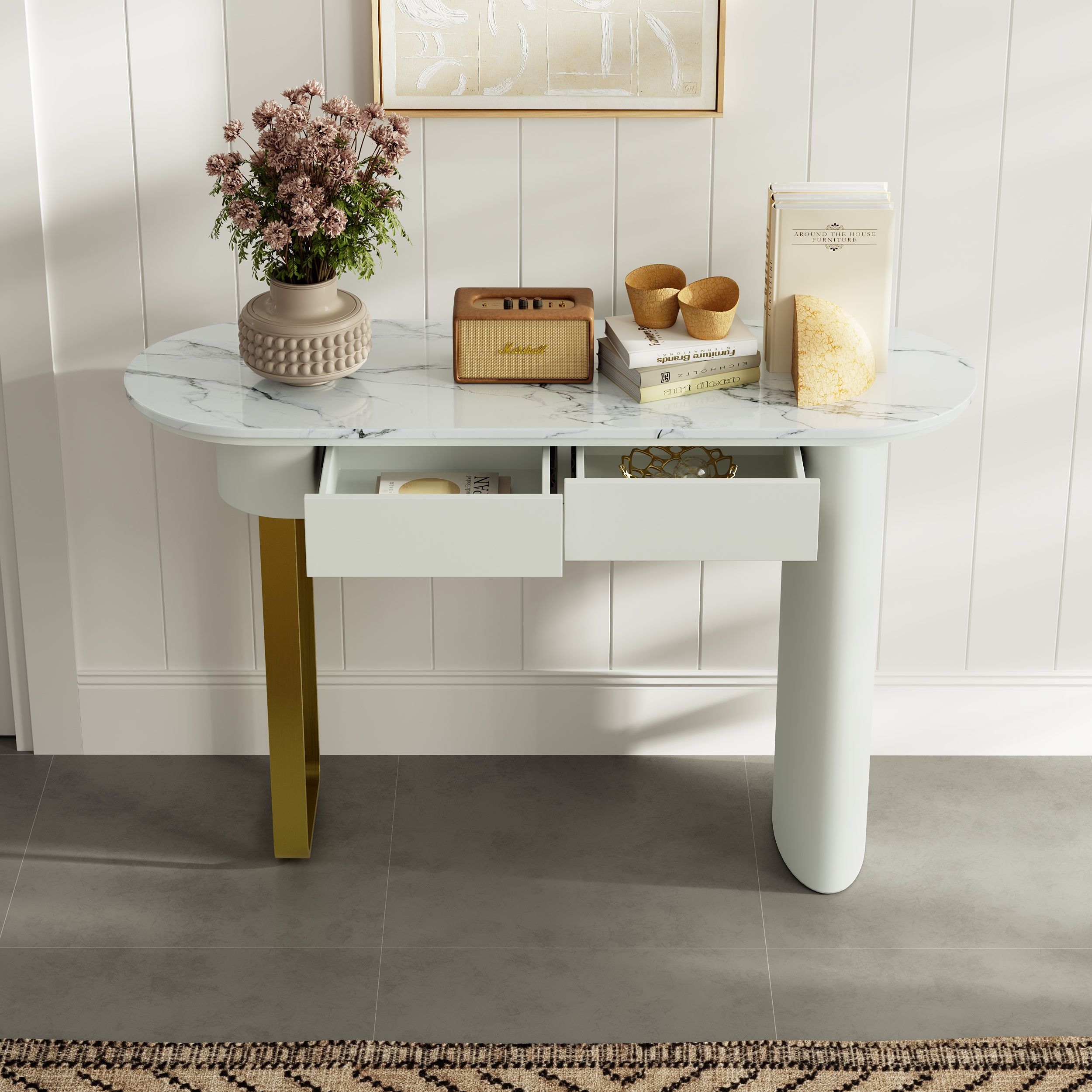 HMR - 45" White Marble Console Table with 2-Drawer