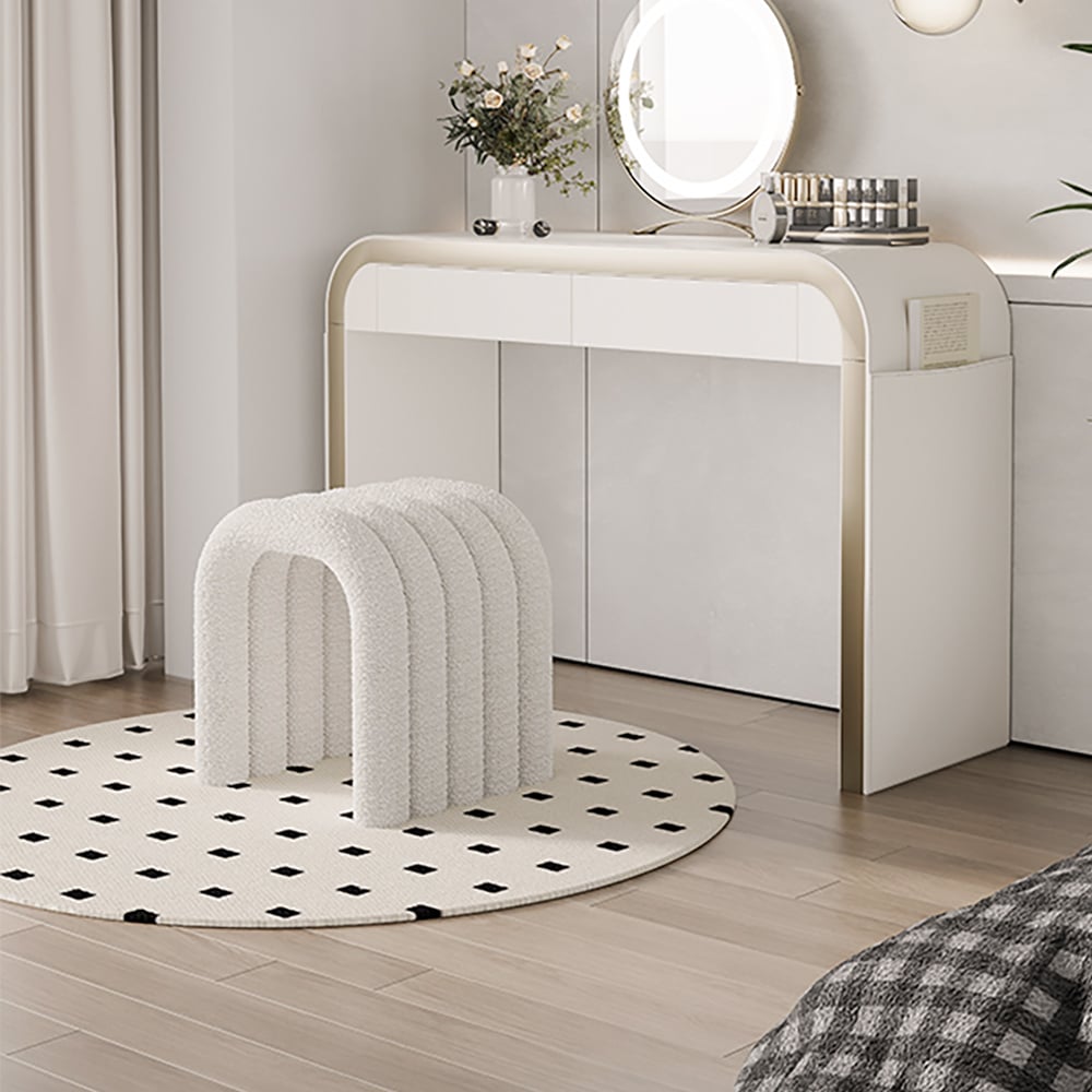 HMR - Modern White Teddy Velvet Vanity Stool Backless Makeup Accent Chair