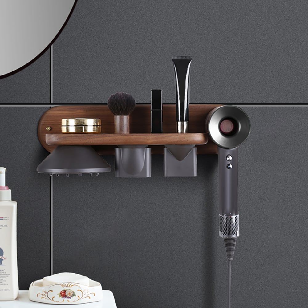 HMR - Wood Hair Dryer Holder Rack in Walnut with Accessories Storage & Shelf
