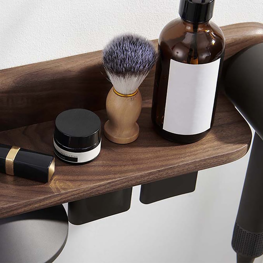 HMR - Wood Hair Dryer Holder Rack in Walnut with Accessories Storage & Shelf
