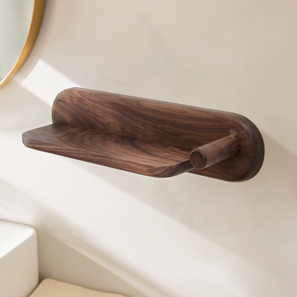 HMR - Wood Hair Dryer Holder Rack in Walnut with Accessories Storage & Shelf