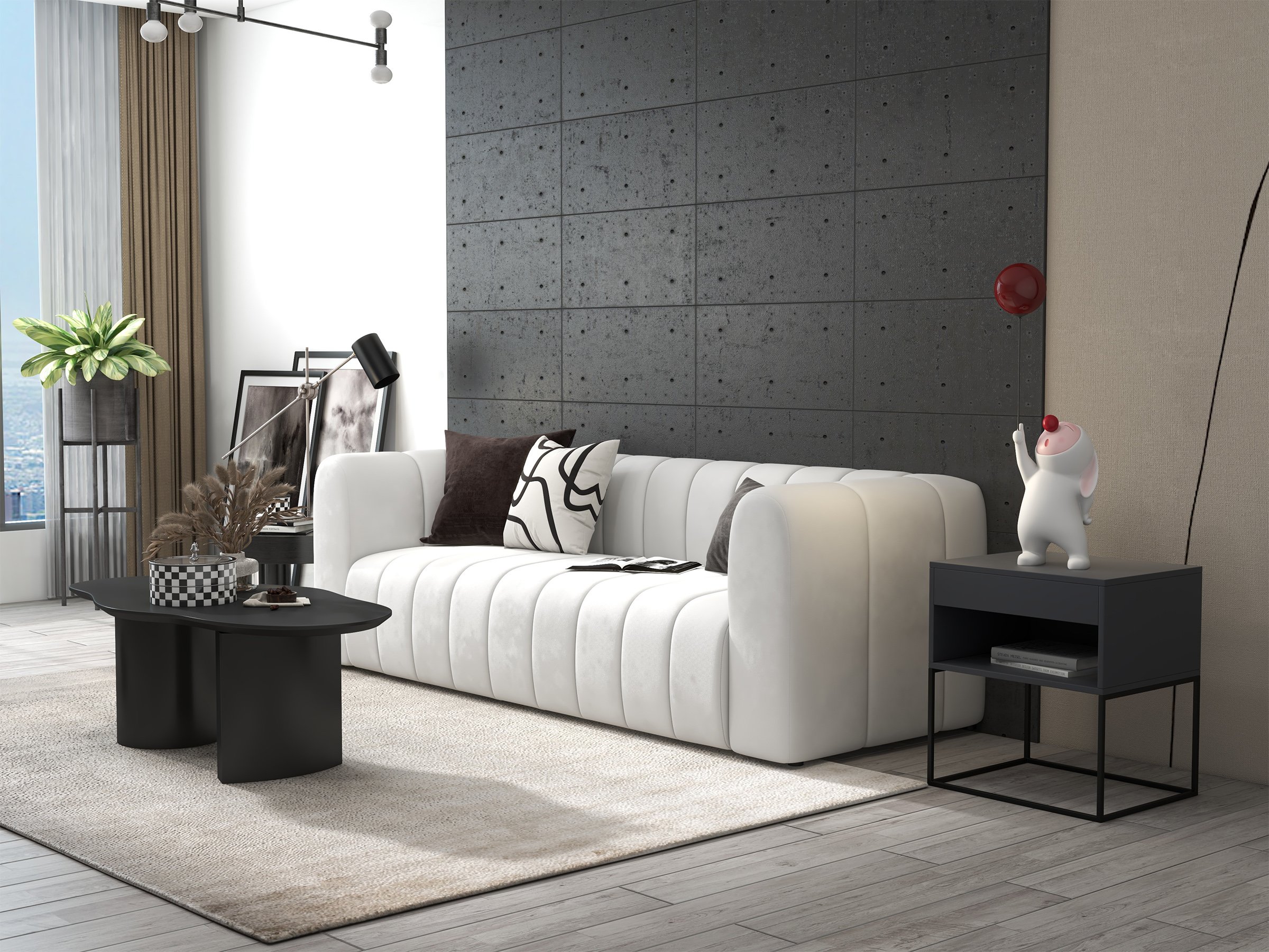 HMR Modern 3-Seater Sofa with Velvet Upholstered - White