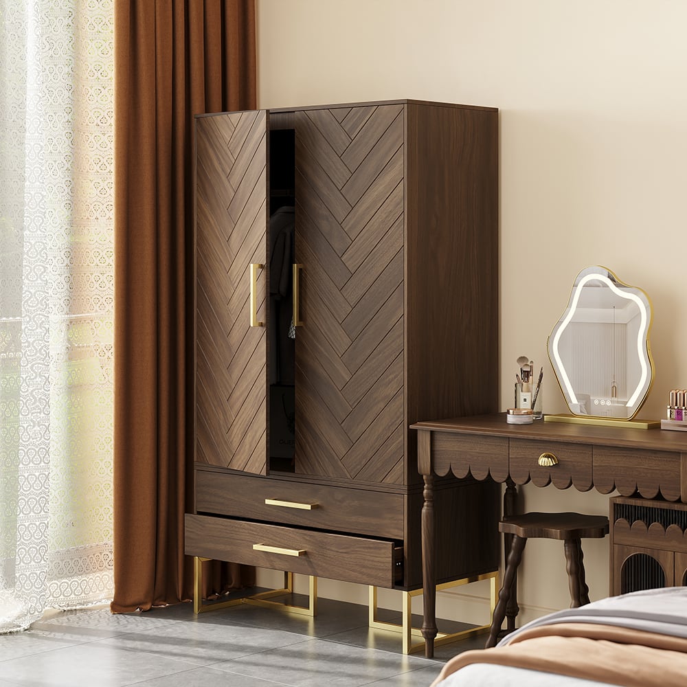 HMR - Mid Century Modern Amoire Closet Dresser Walnut Wardrobe Clothes Cabinet with Drawer