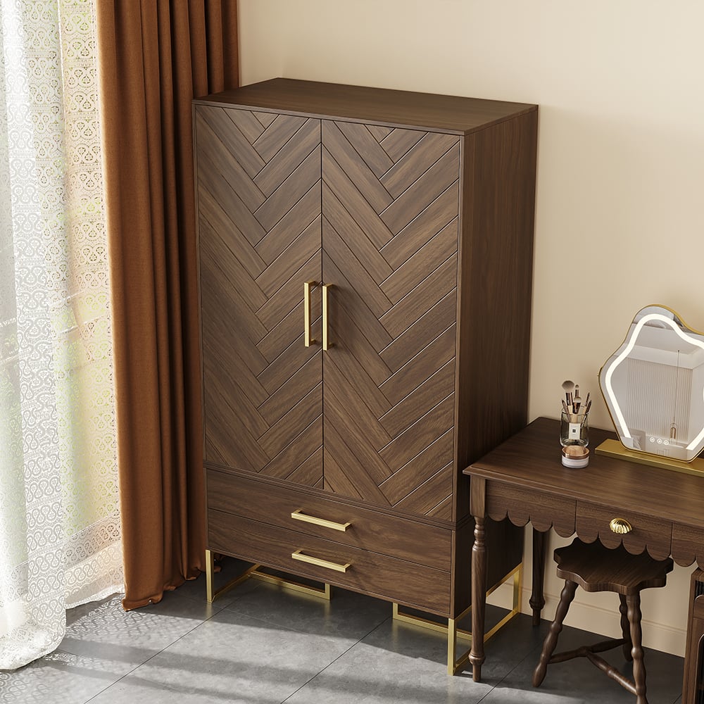 HMR - Mid Century Modern Amoire Closet Dresser Walnut Wardrobe Clothes Cabinet with Drawer