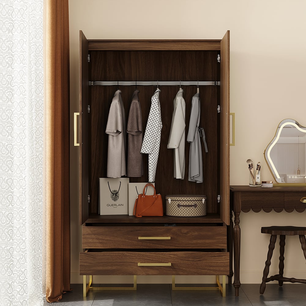 HMR - Mid Century Modern Amoire Closet Dresser Walnut Wardrobe Clothes Cabinet with Drawer