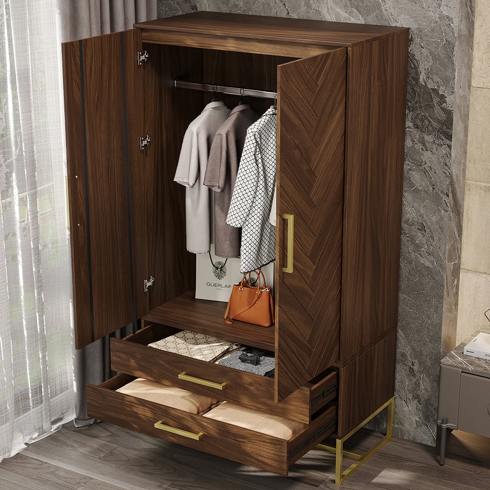 HMR - Mid Century Modern Amoire Closet Dresser Walnut Wardrobe Clothes Cabinet with Drawer