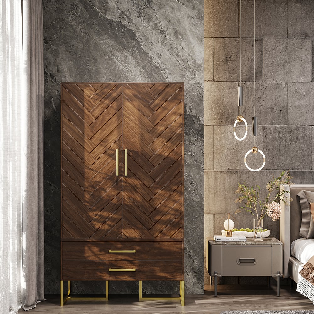 HMR - Mid Century Modern Amoire Closet Dresser Walnut Wardrobe Clothes Cabinet with Drawer