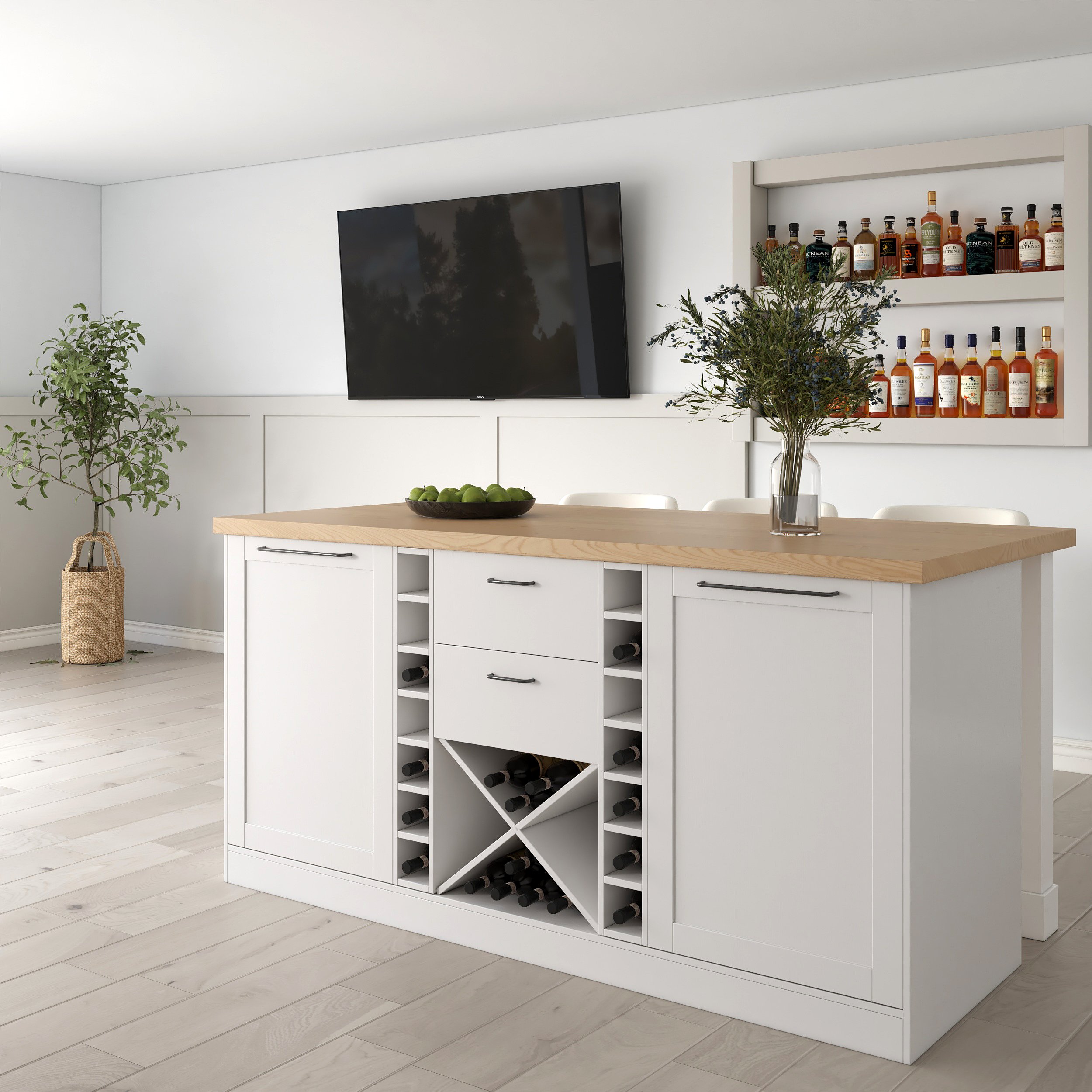 HMR - 59.1'' Modern Natural &White Kitchen lsland with Wine Storage