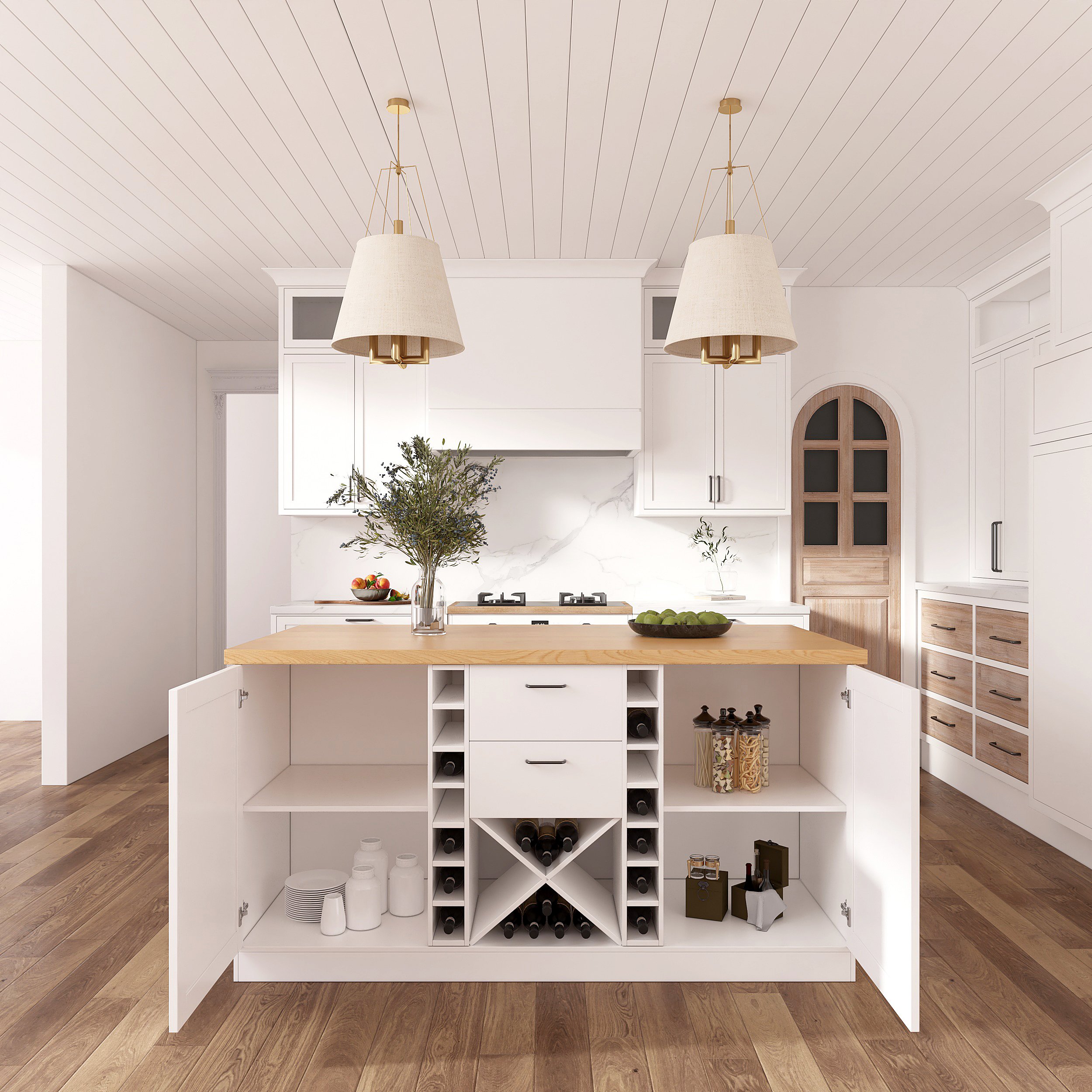 HMR - 59.1'' Modern Natural &White Kitchen lsland with Wine Storage